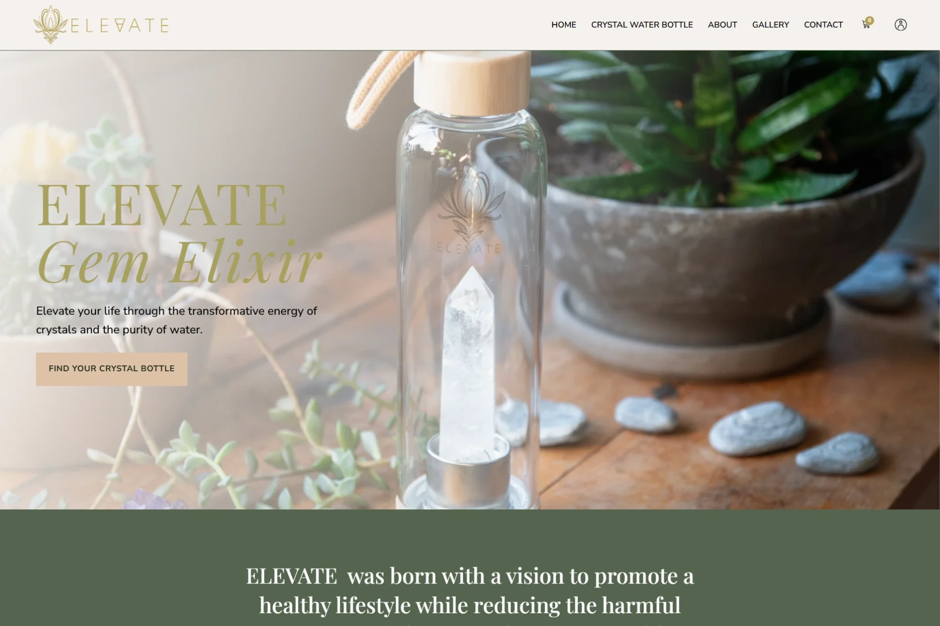 Elevate Gem Elixir homepage hero with crystal water bottle brand tagline