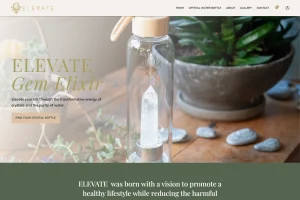 Elevate Gem Elixir homepage hero with crystal water bottle brand tagline