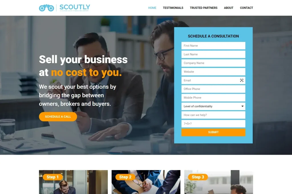 Scoutly business exit scouting agency WordPress portfolio landing page