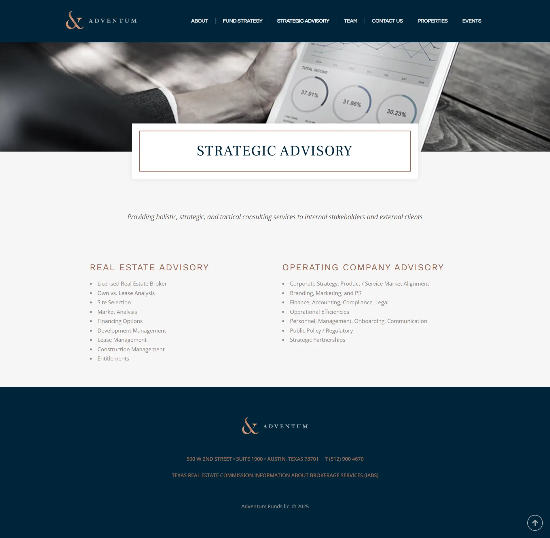 Properties portfolio section on Adventum Funds WordPress case study design