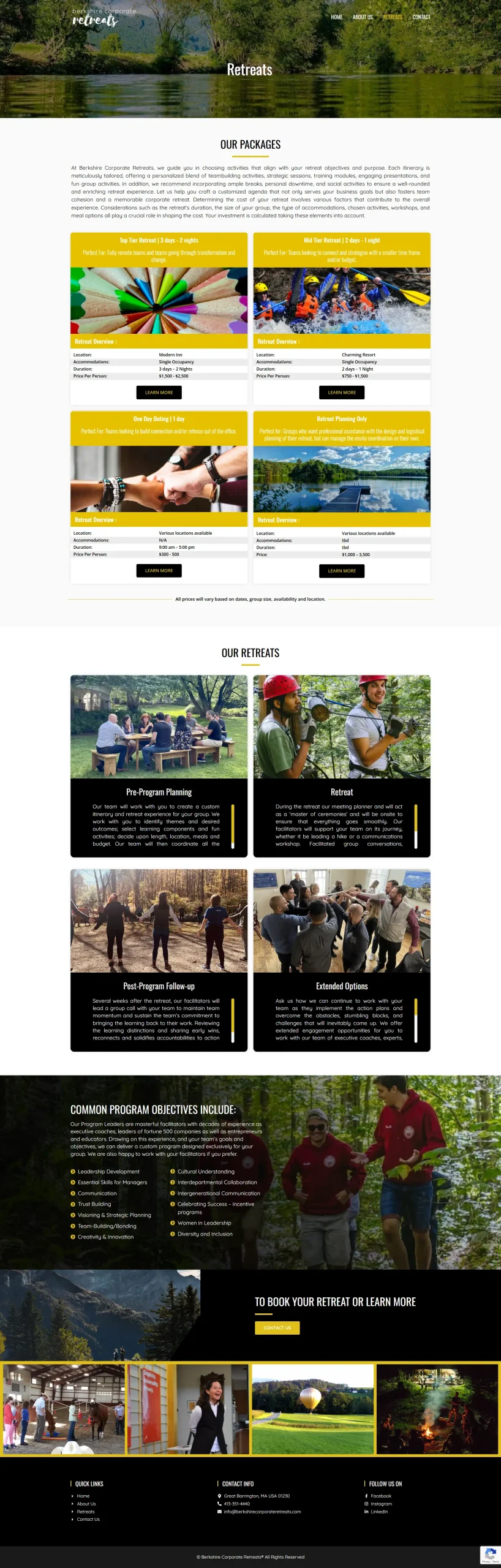 Company offsite and team event section on Berkshire Retreats project page