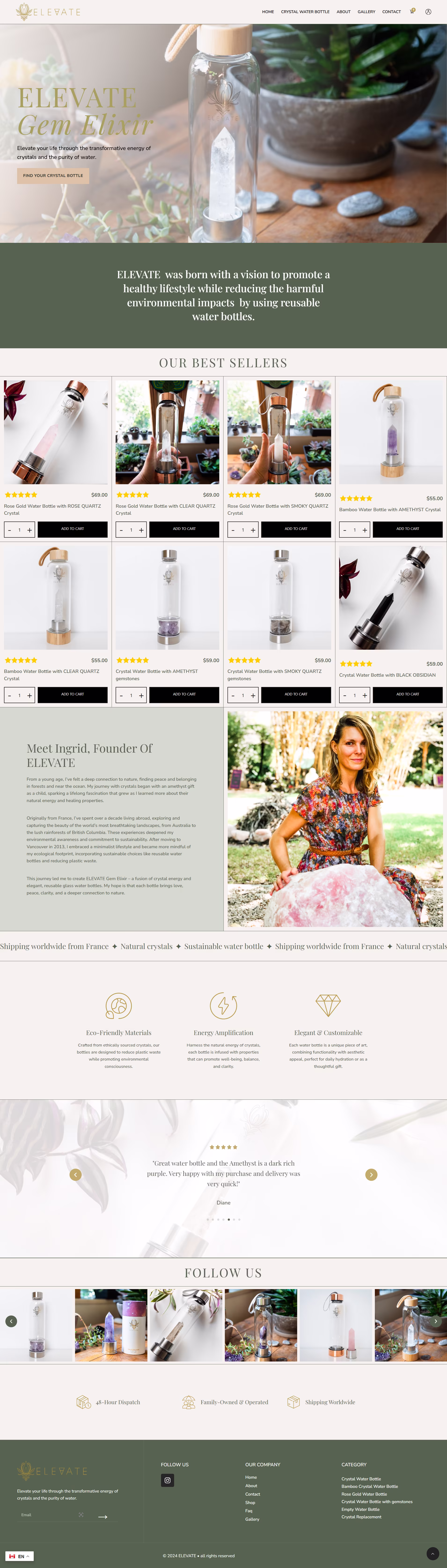 Elevate Gem Elixir homepage hero with crystal water bottle brand tagline