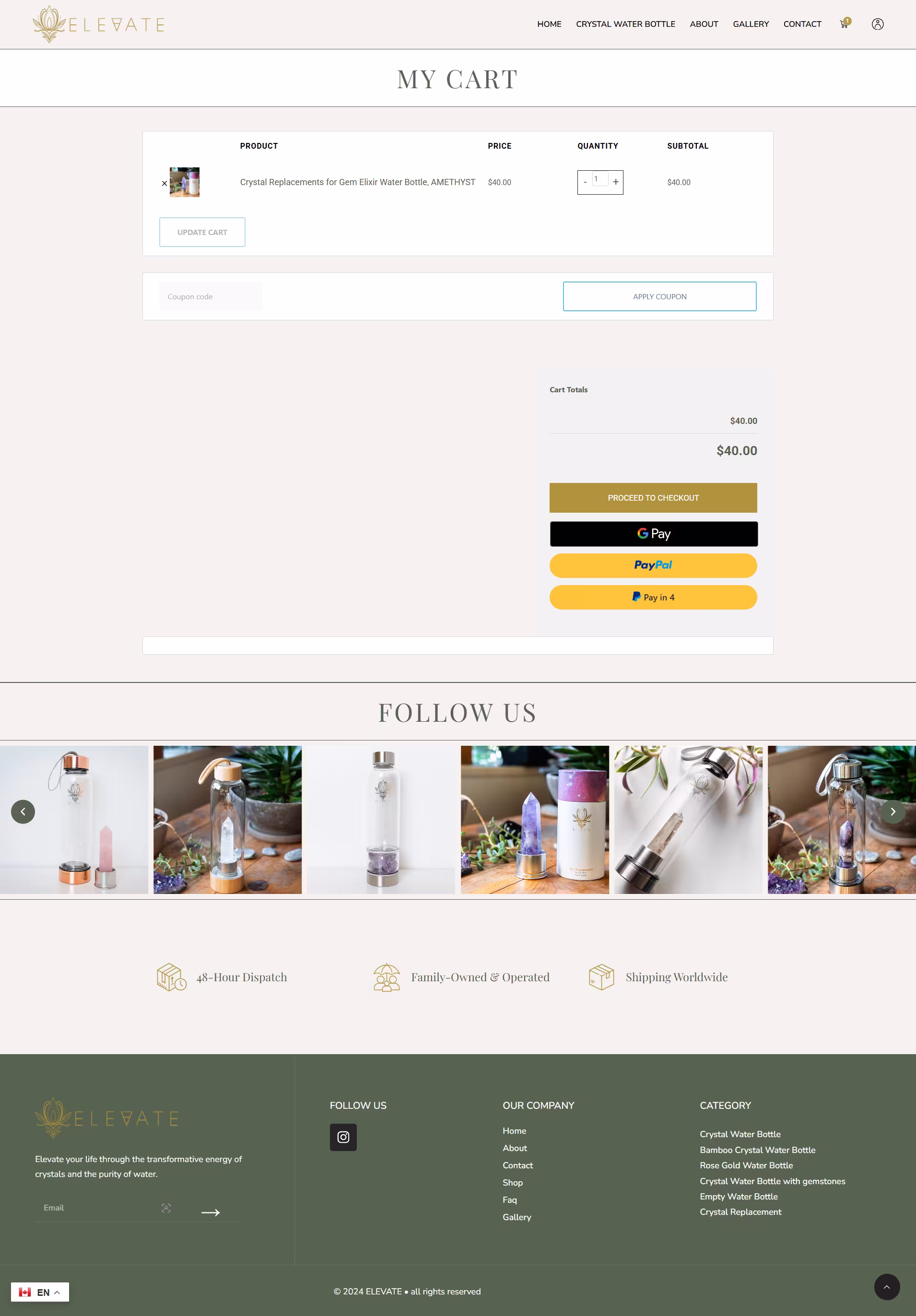 About page with borosilicate glass and care instructions, Elevate Elixir