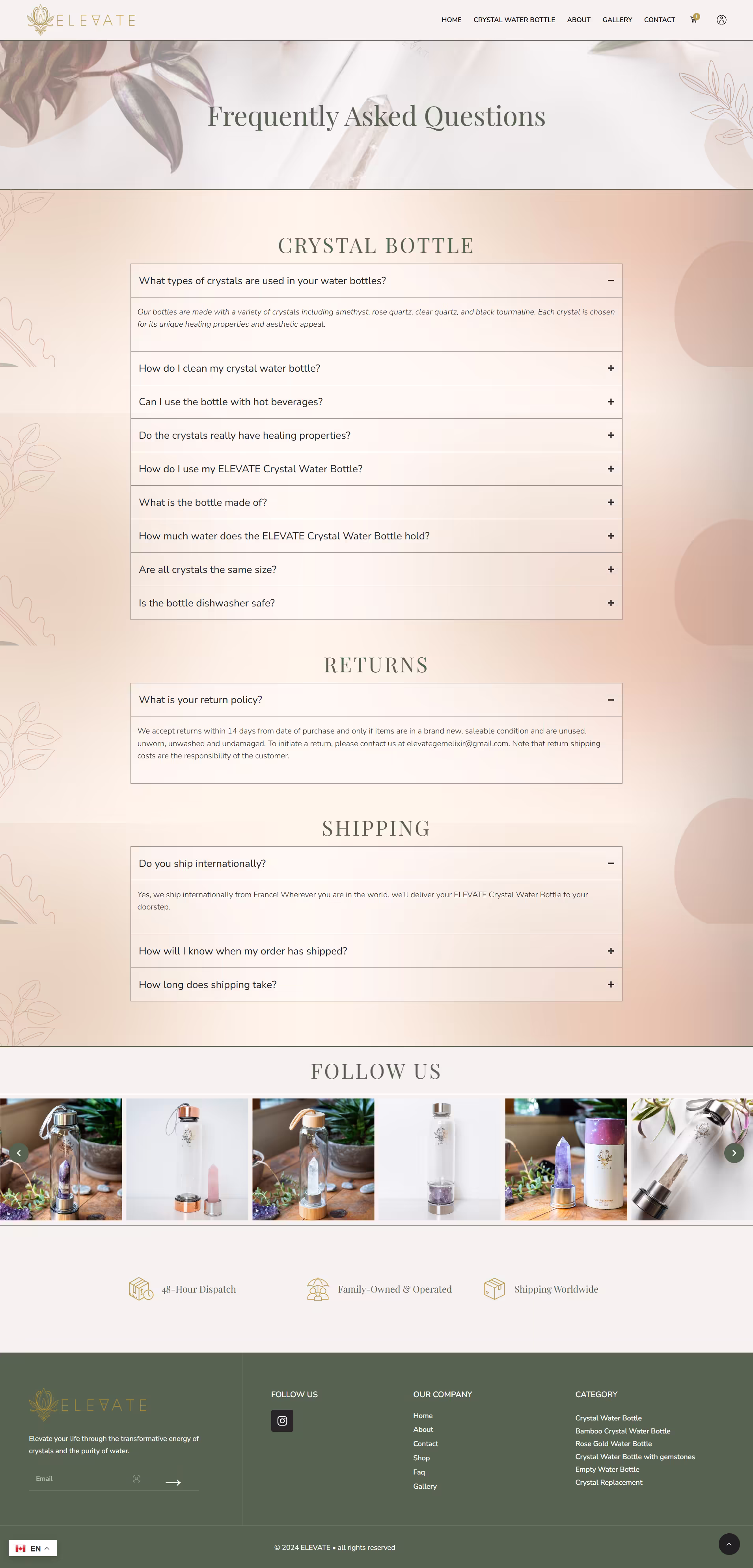 Elevate Gem Elixir homepage hero with crystal water bottle brand tagline