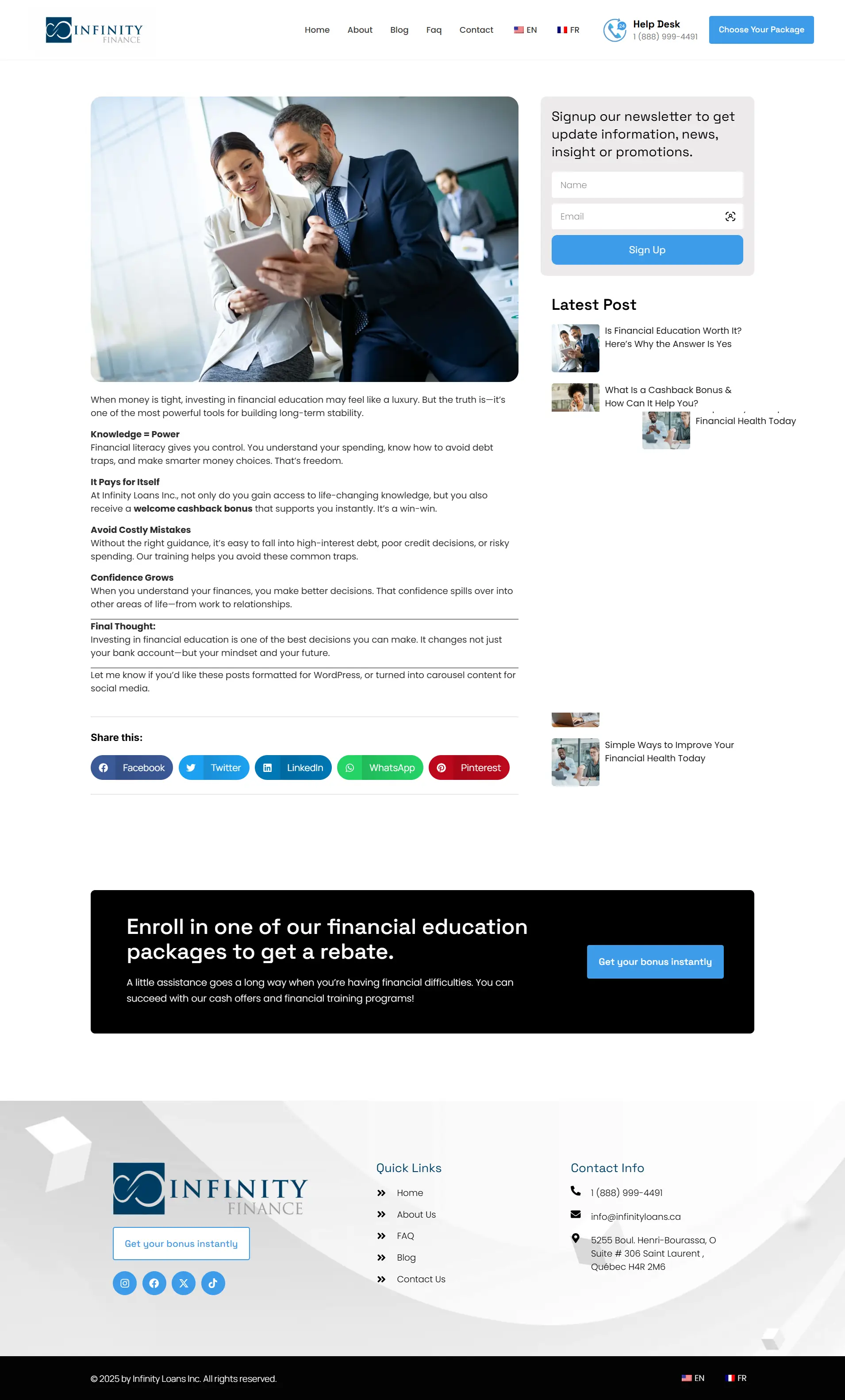 Bilingual English and French section on Infinity Finance case study design