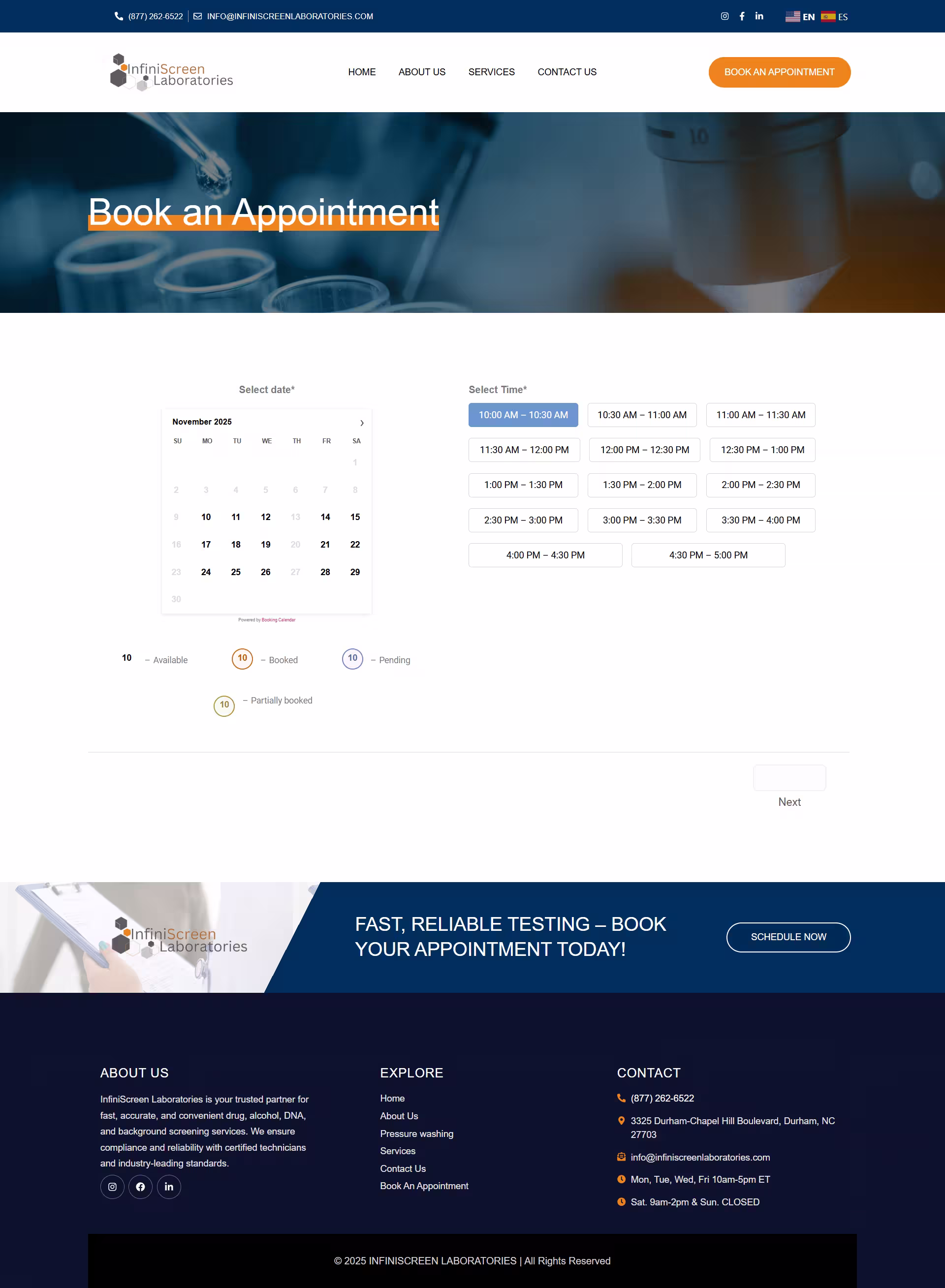 InfiniScreen Laboratories booking calendar showing 30 minute appointment slots