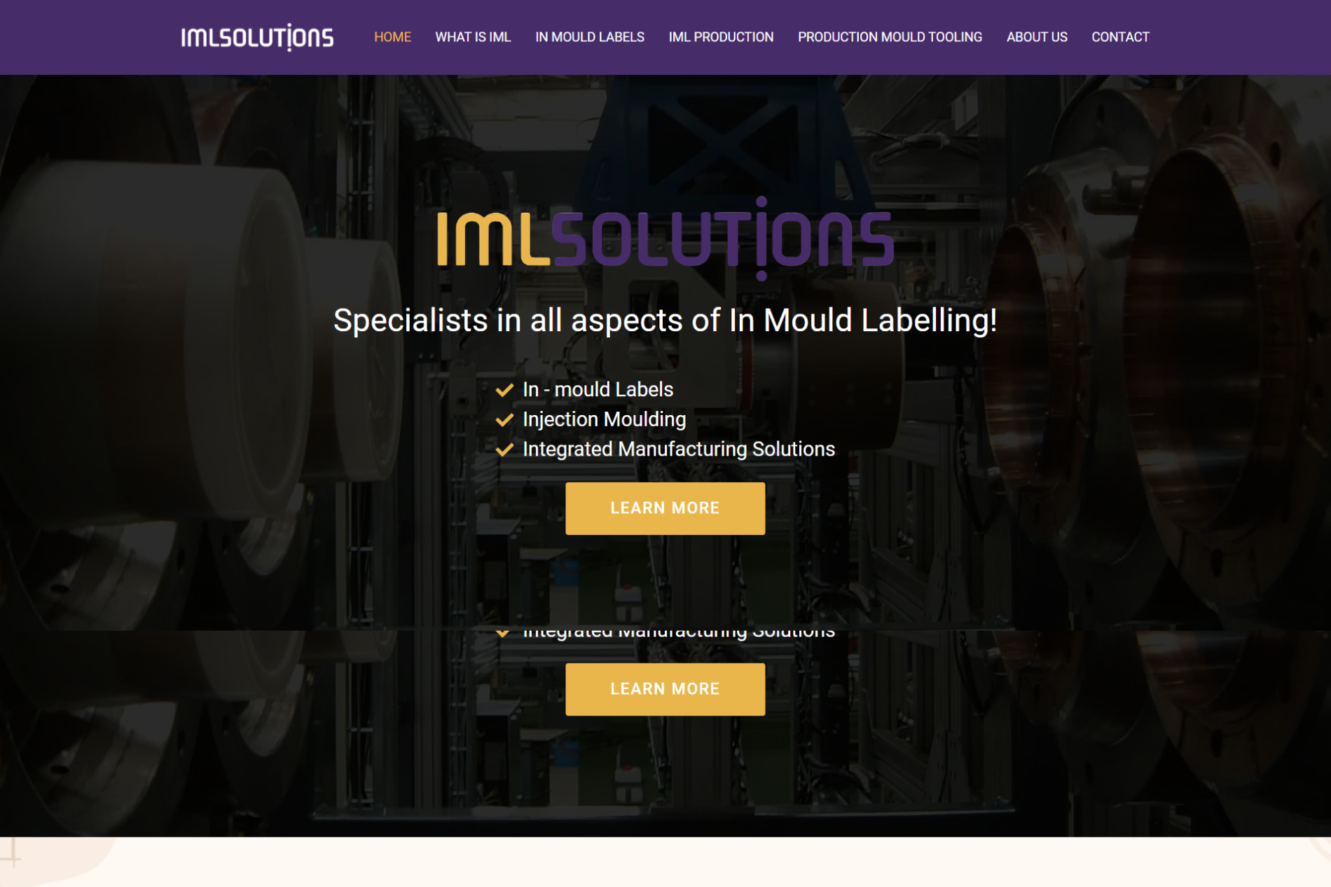 IML Solutions homepage hero with Specialists in All Aspects of In-Mould Labelling headline and integrated service positioning — UK
