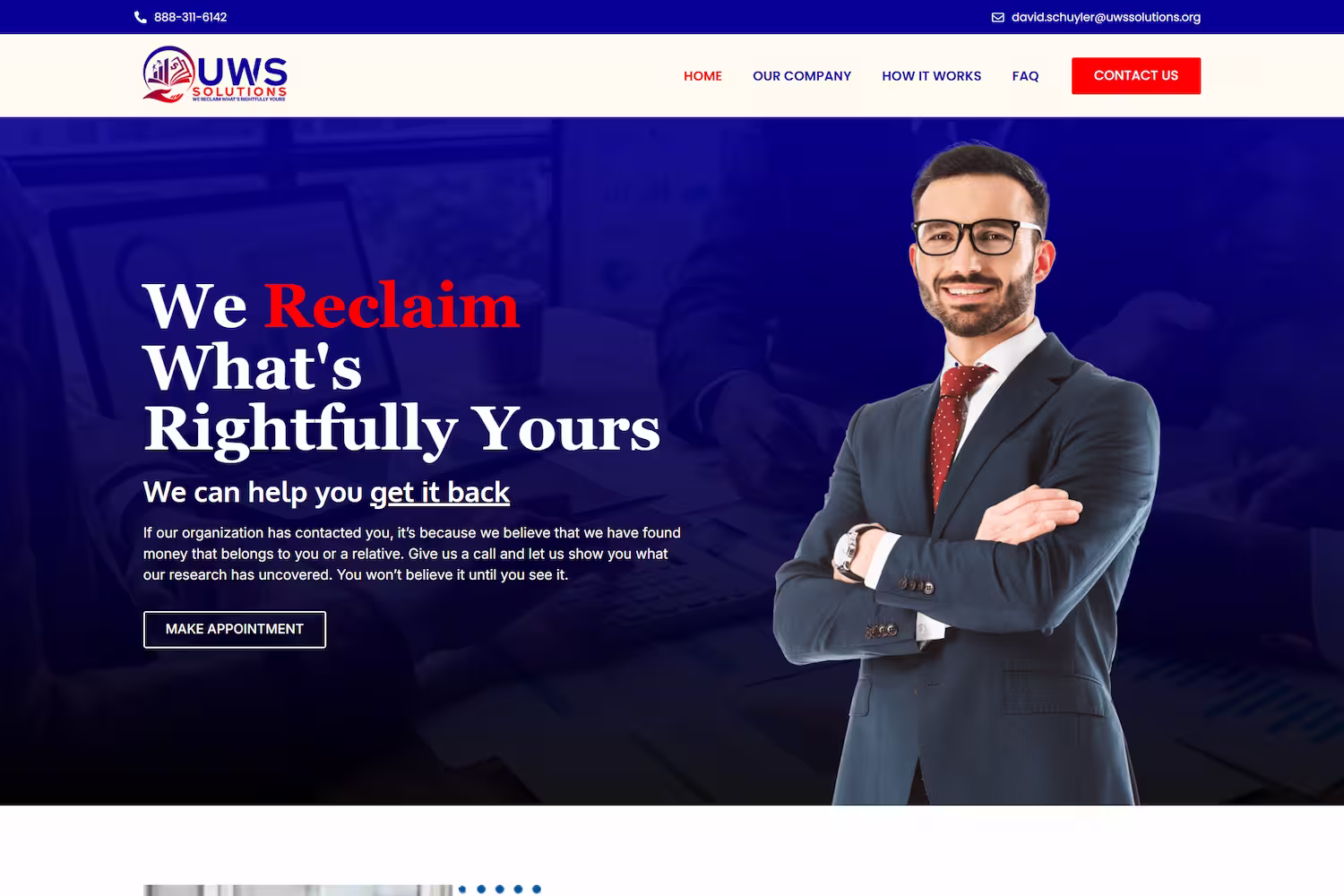 UWS Solutions homepage hero with We Reclaim Rightfully Yours headline, WordPress
