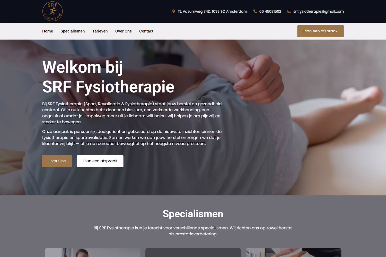 Sports injury rehabilitation section on SRF Fysiotherapie website showcase