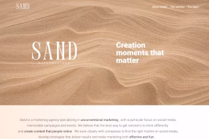SAND markaðsstofa service list covering social media, PR, events, and content creation