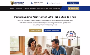 Guardian Pest Control homepage hero with Utah pest control guarantee and 4.9 Google rating