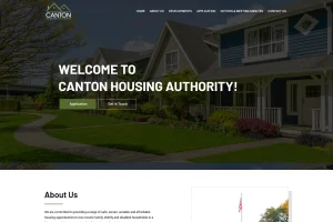 Canton Housing Authority homepage hero with Welcome headline and green roof logo