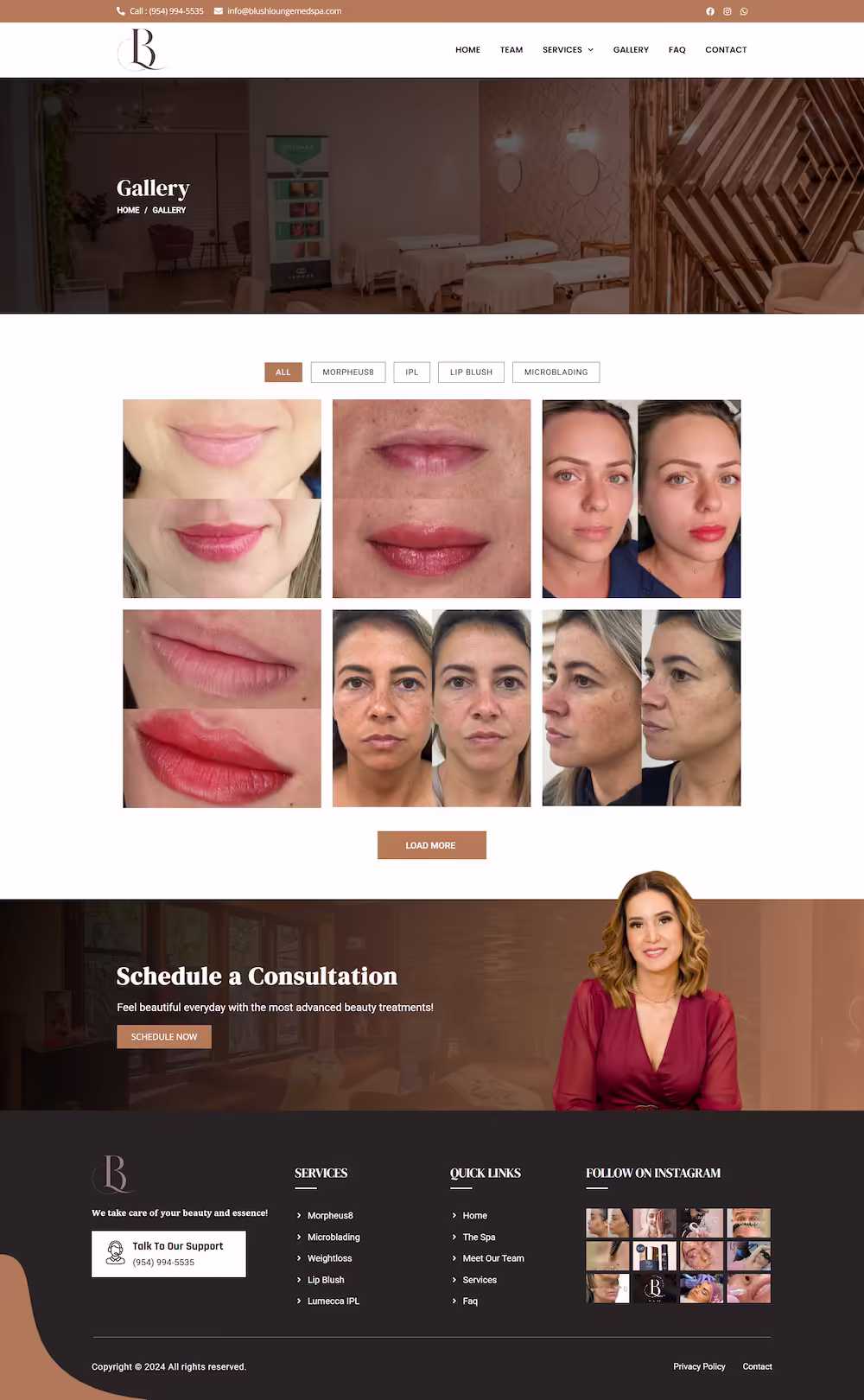 Blush Lounge services grid covering Morpheus8, microblading, lip blush, and Lumecca