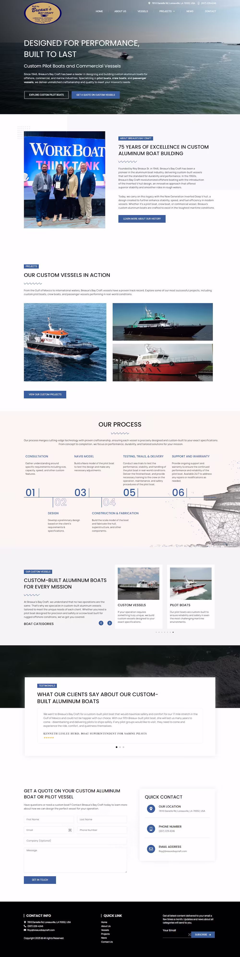 Breaux’s Bay Craft homepage hero with custom pilot boat and performance headline — Elite IT