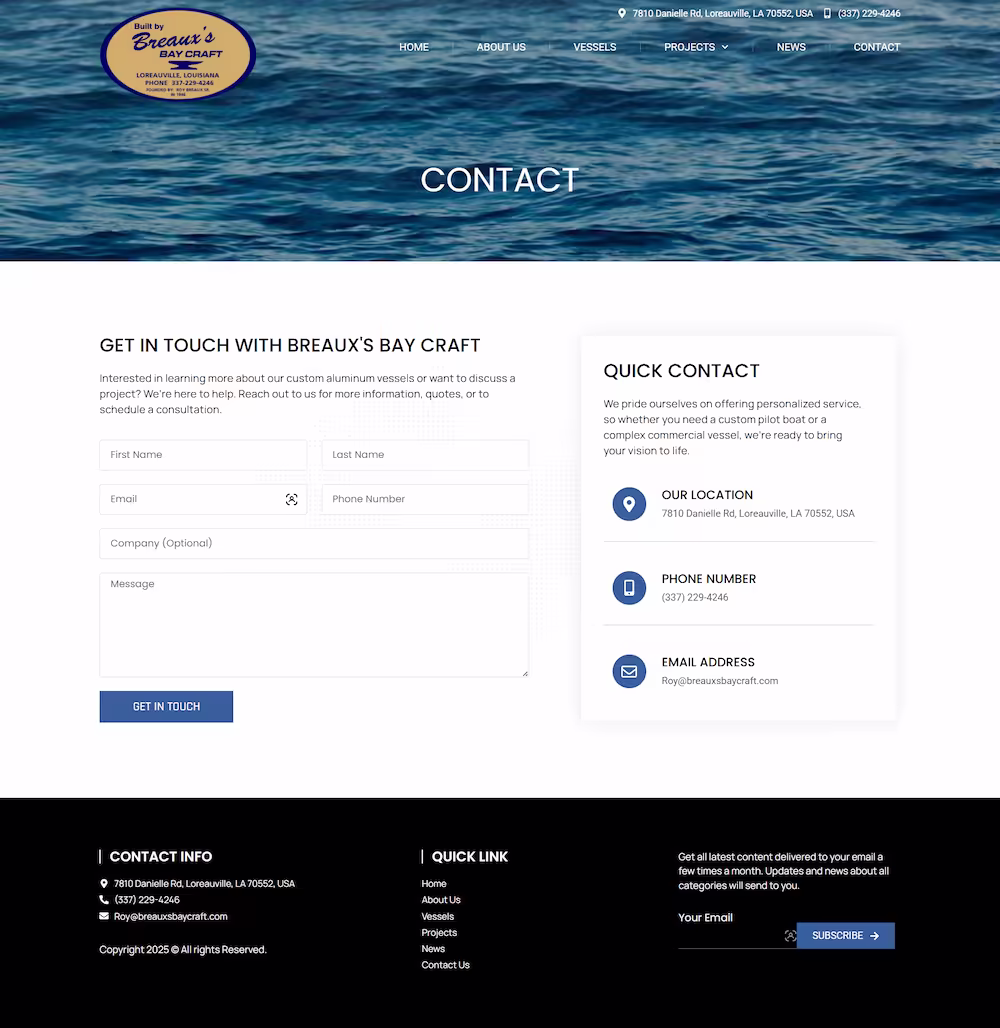 Breaux’s Bay Craft contact and quote request section — Elite IT Solutions portfolio