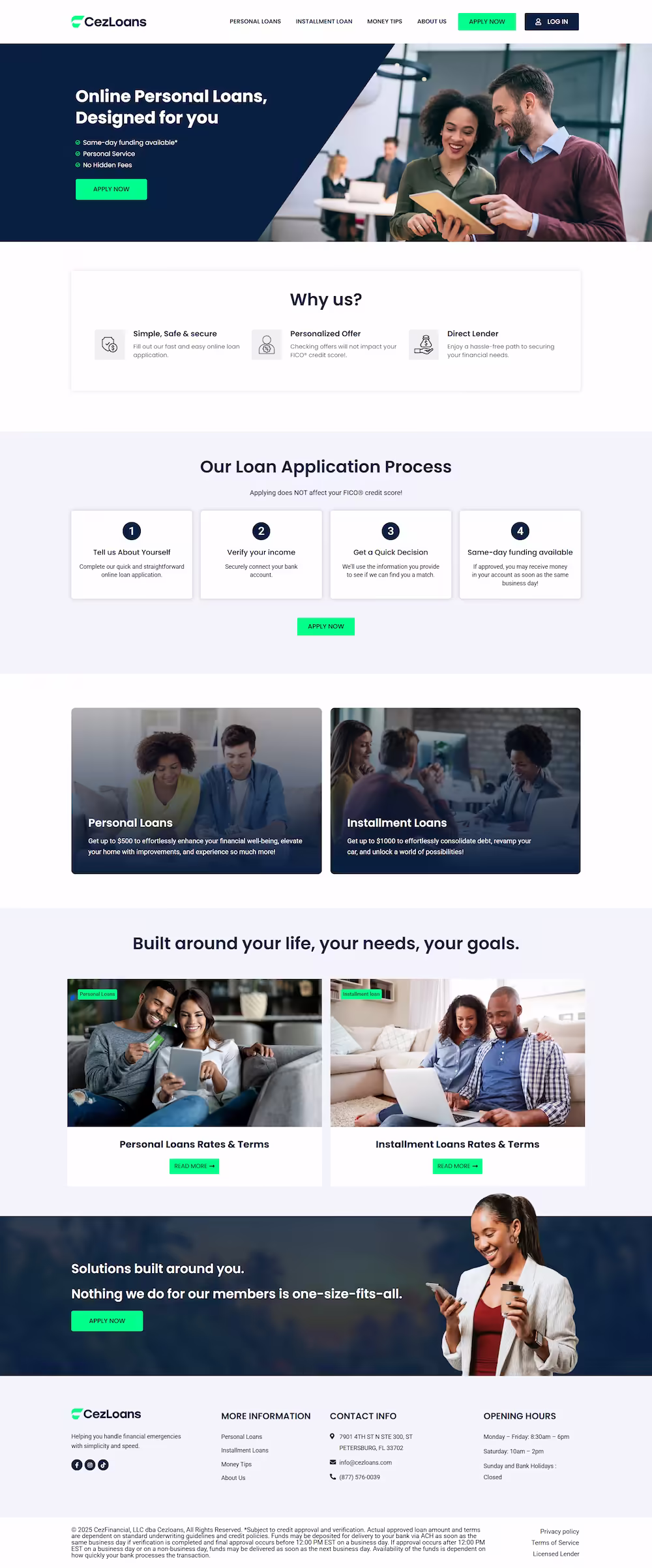 CezLoans homepage hero with fast online cash advance headline and Apply Now CTA — Florida consumer lending
