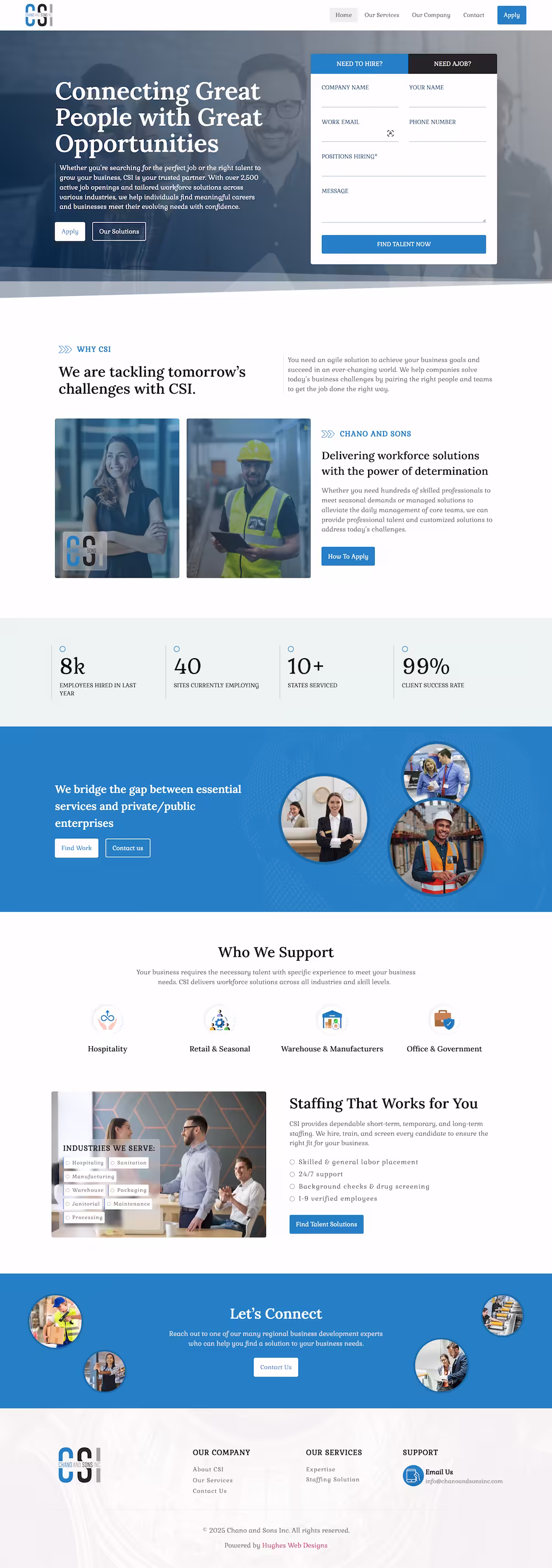 Staffing agency homepage with employer and job seeker CTAs — Chano and Sons Inc