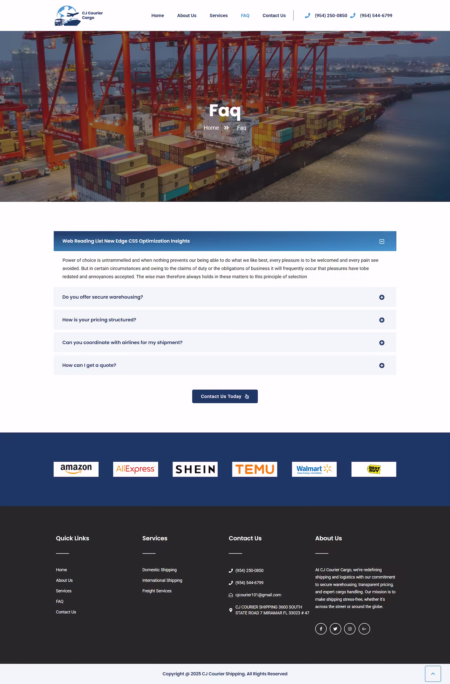 Why CJ Courier section with warehousing and pricing pillars, website