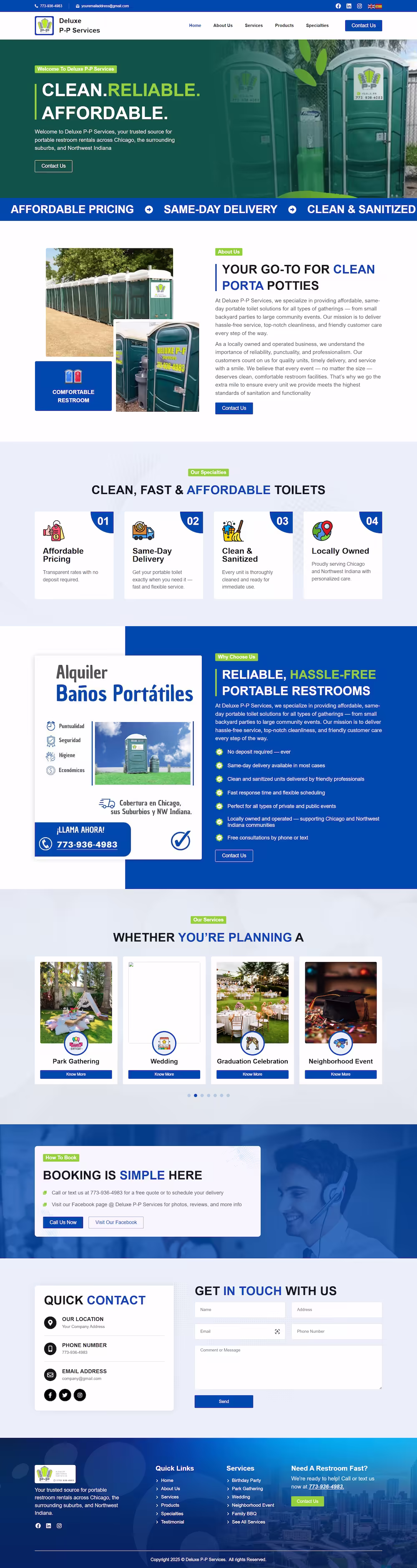 Deluxe P-P Services homepage with same-day portable restroom delivery portfolio