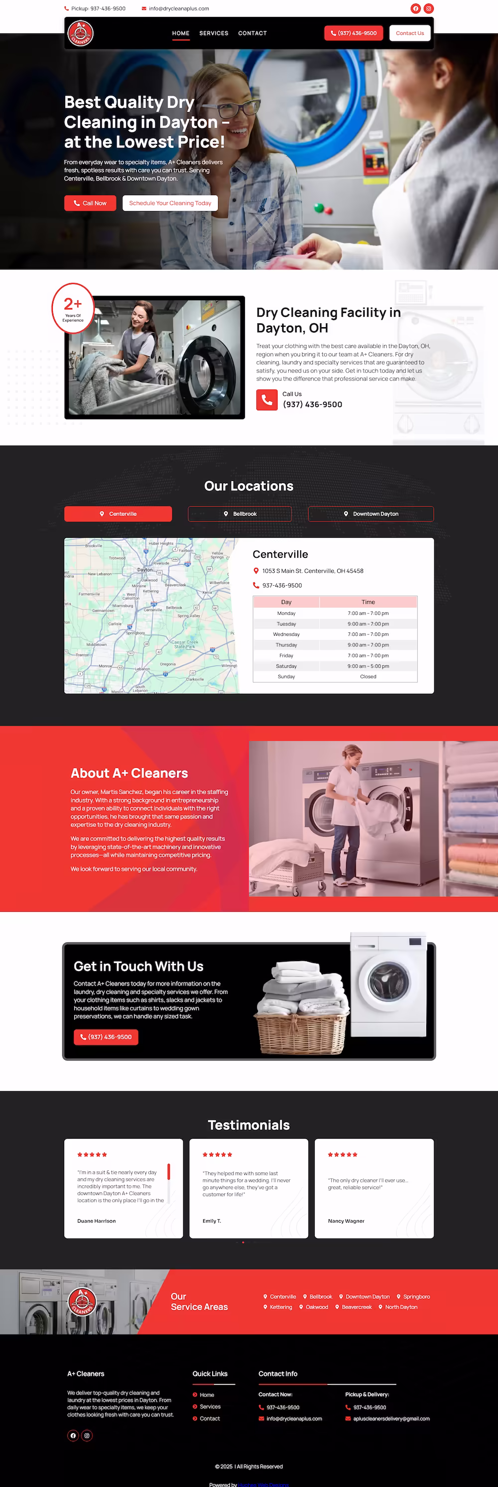 A+ Cleaners services section covering dry cleaning, laundry, and specialty garment care