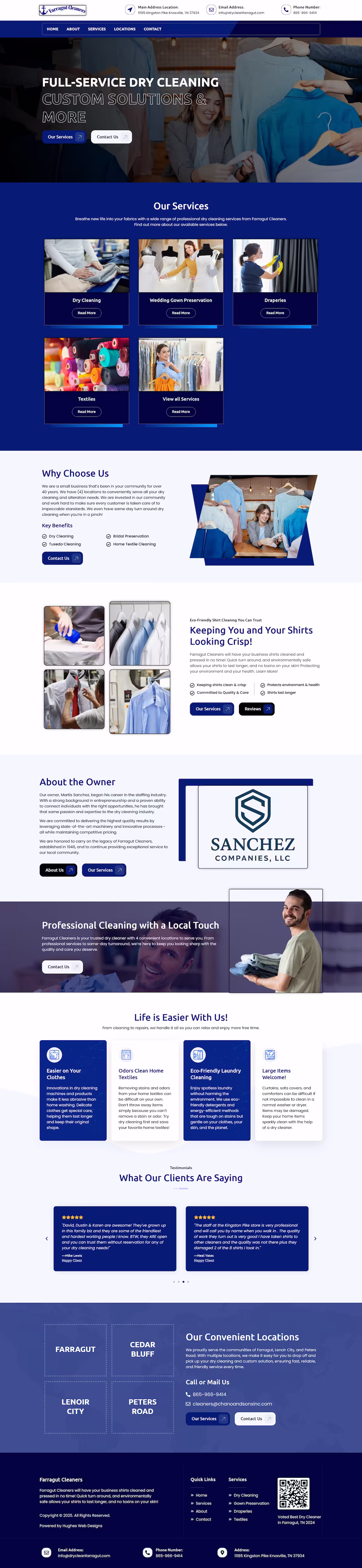 Farragut Cleaners services section showing dry cleaning, gown preservation, and textiles