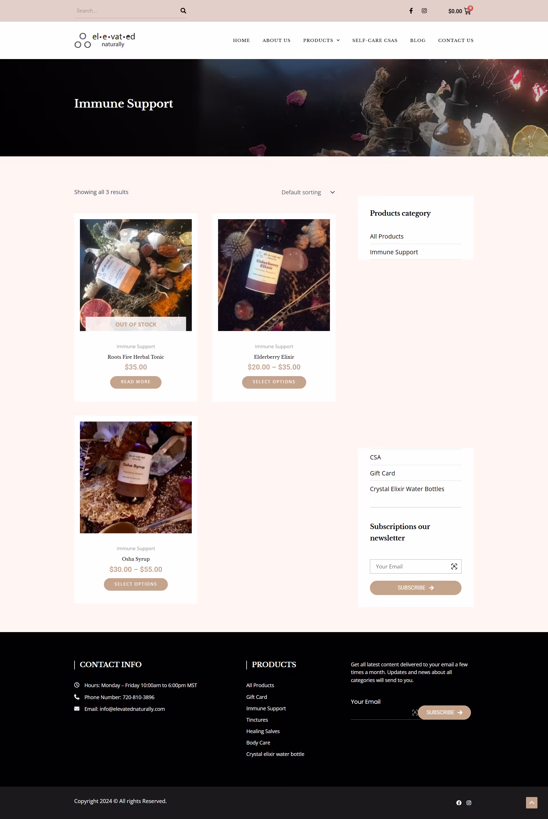 Elevated Naturally bestsellers grid showing Spagyric tinctures and body care products