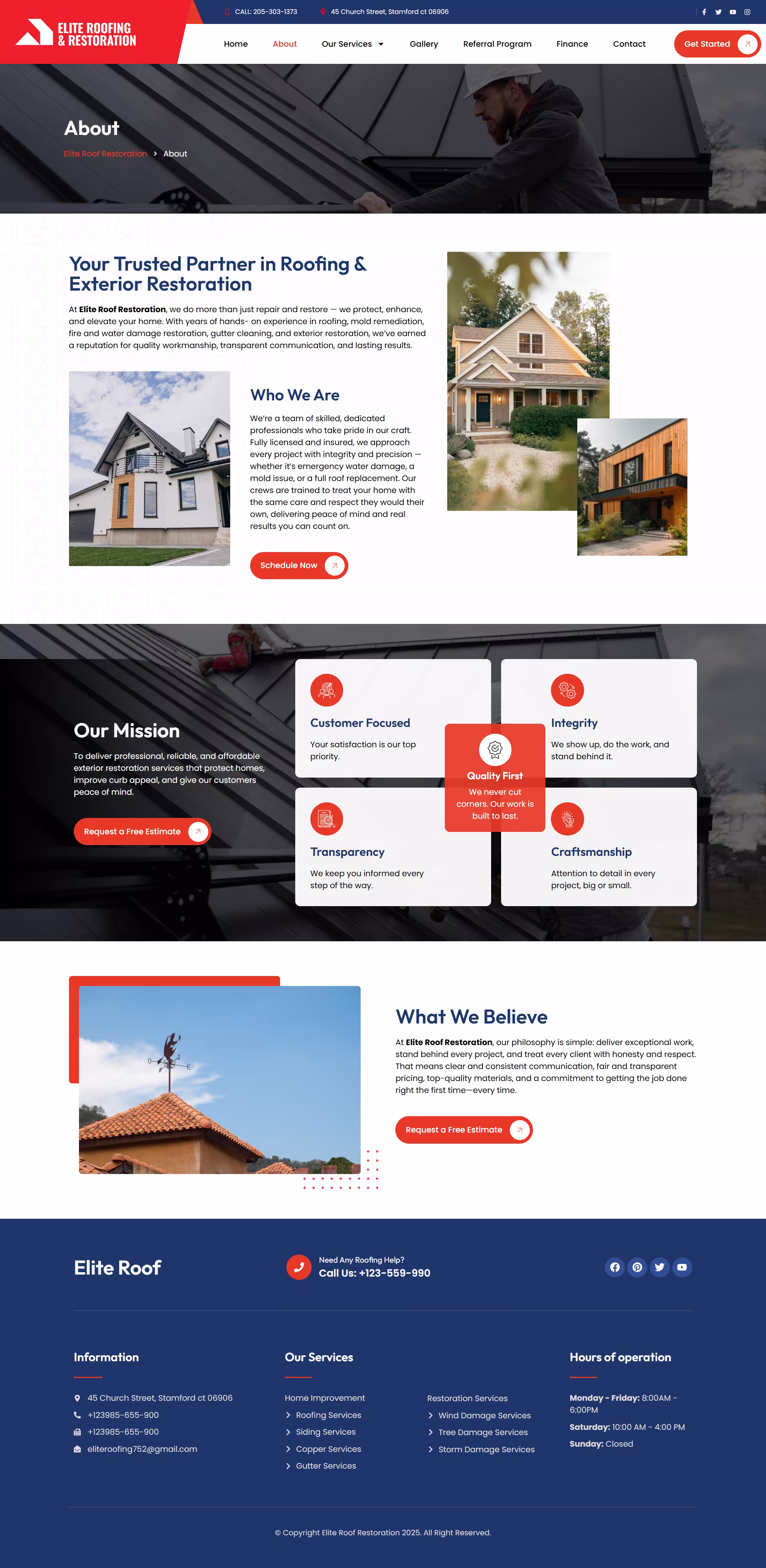Elite Roofing About section with integrity, expertise, and reliability core values