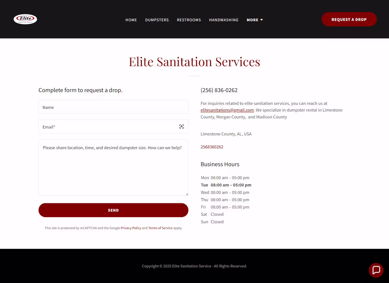 Quote request contact form on portable restroom company website portfolio