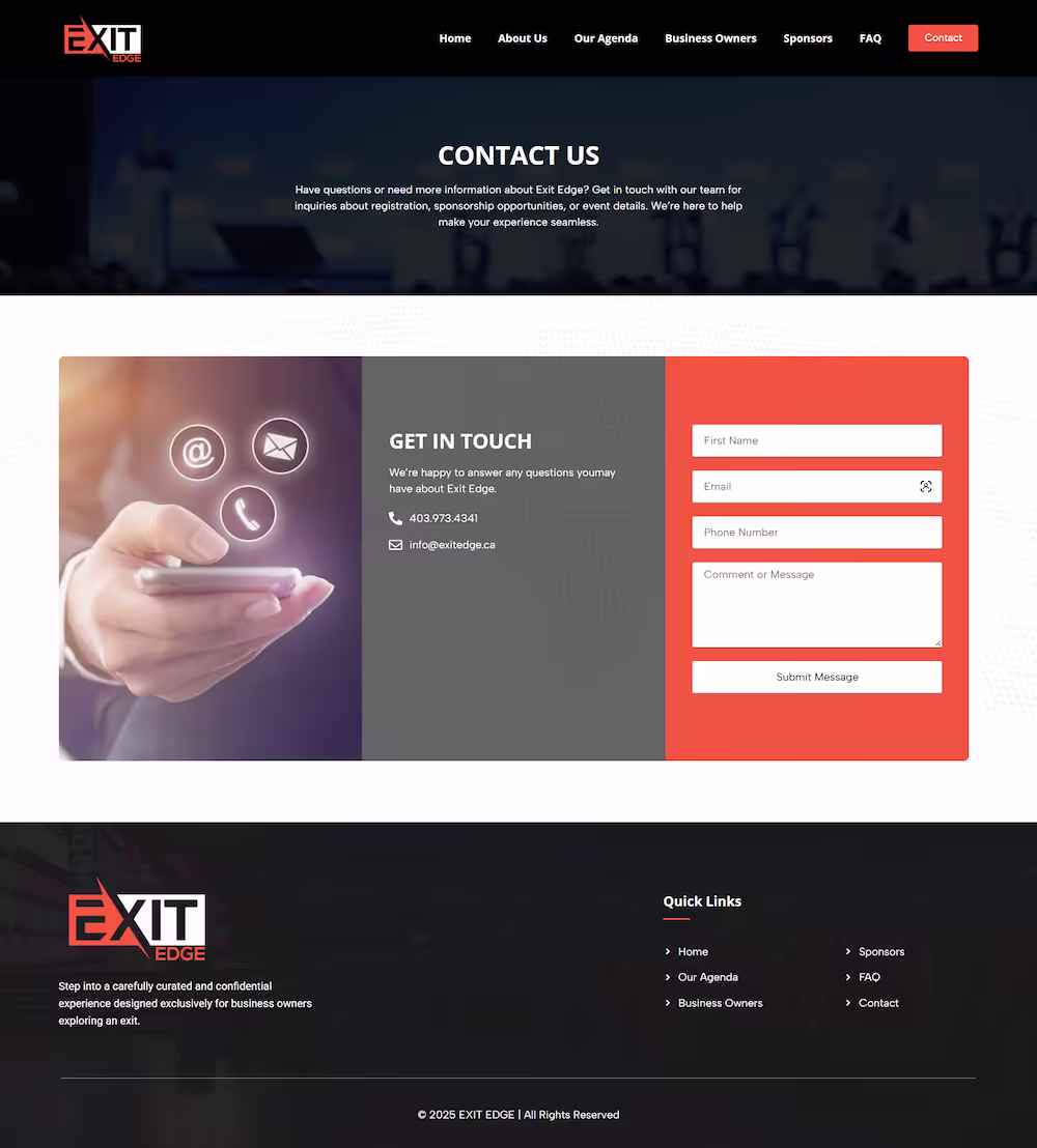 Exit Edge sponsors page featuring partner logos and sponsorship information