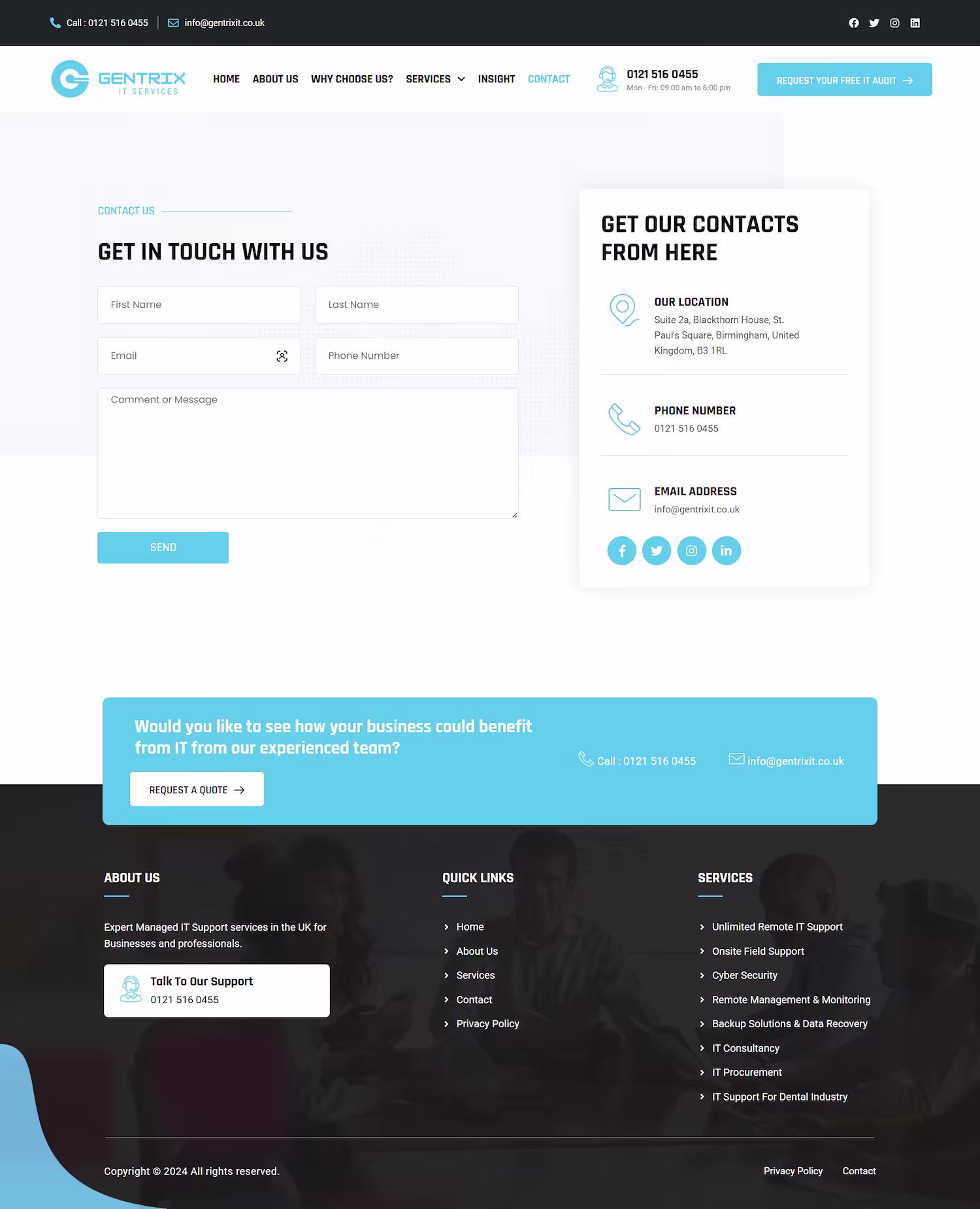 Gentrix IT contact page with Birmingham UK phone number, free IT audit form, and dental industry specialisation