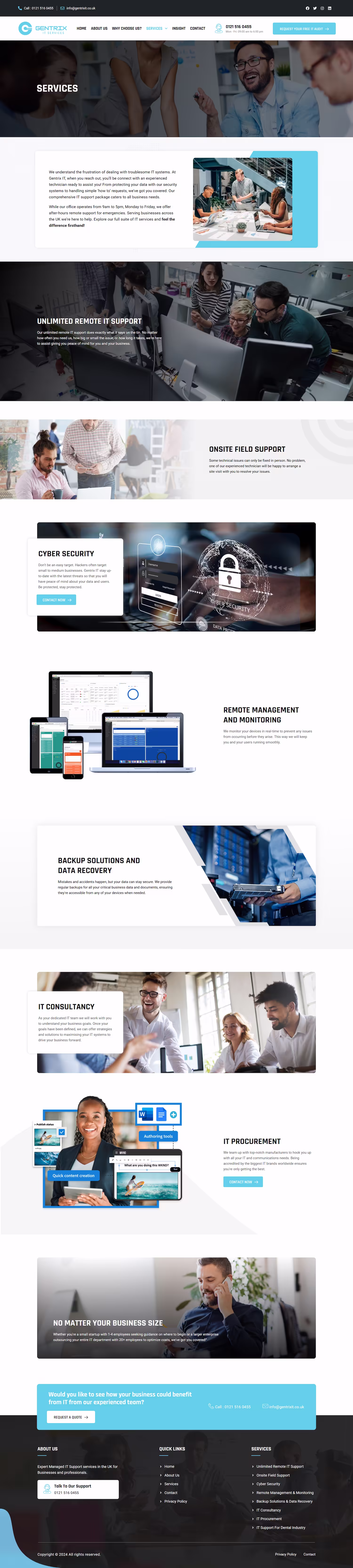 Gentrix IT services page showing cyber security, remote management, unlimited IT support, and backup solutions