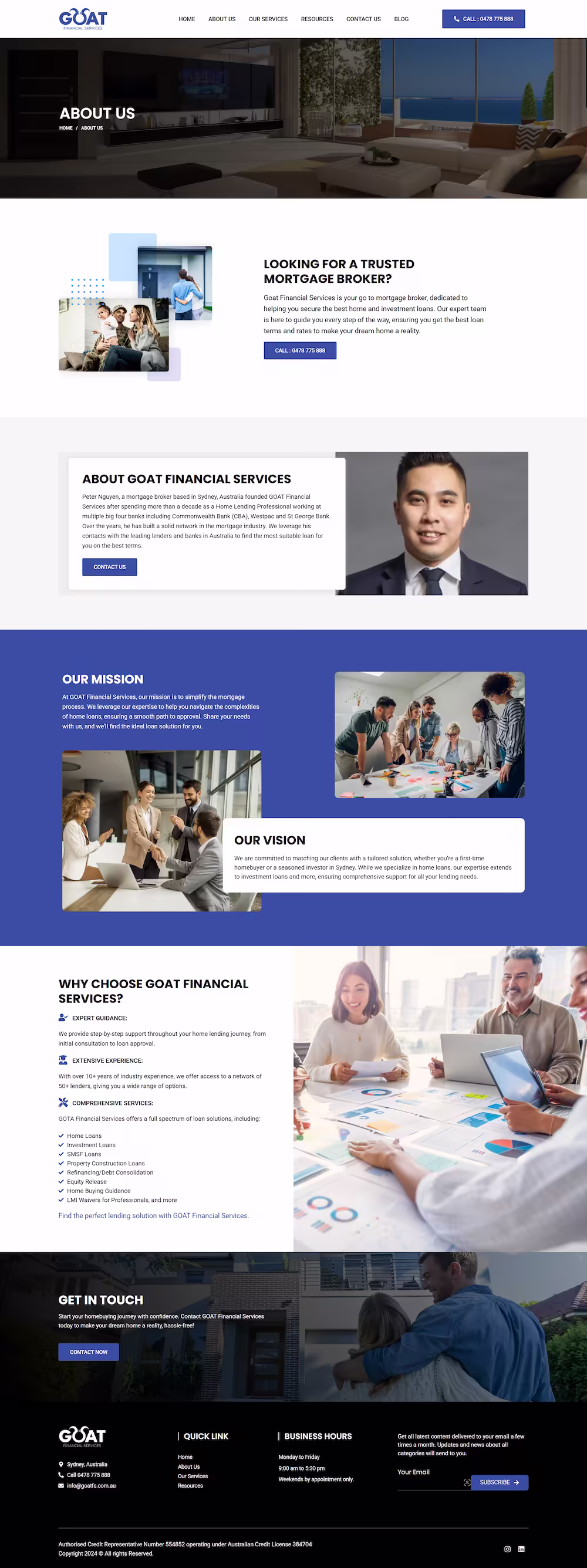 Eleven loan type service list including first home buyers, SMSF loans, and LMI waivers — GOAT Financial Services