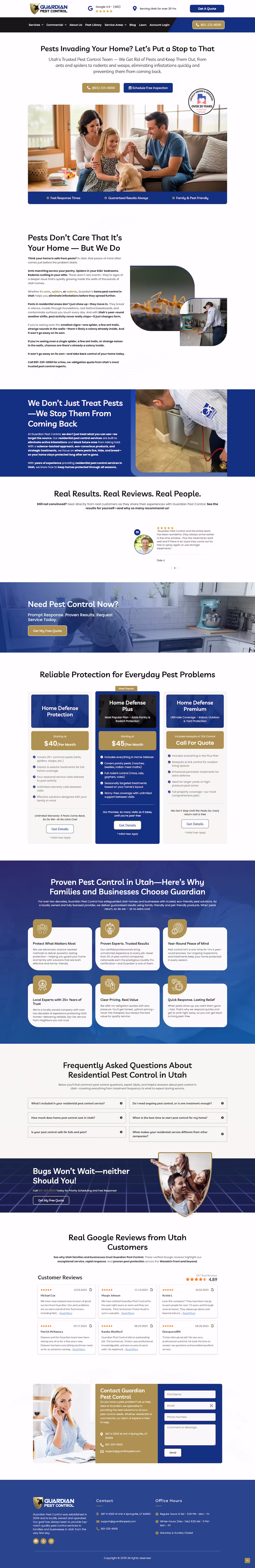 Guardian Pest Control homepage hero with Utah pest control guarantee and 4.9 Google rating