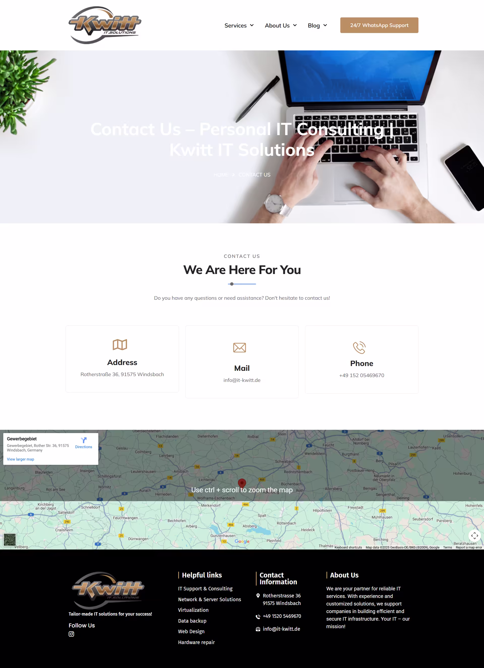 Kwitt IT Solutions Windsbach contact page with 24/7 WhatsApp support details
