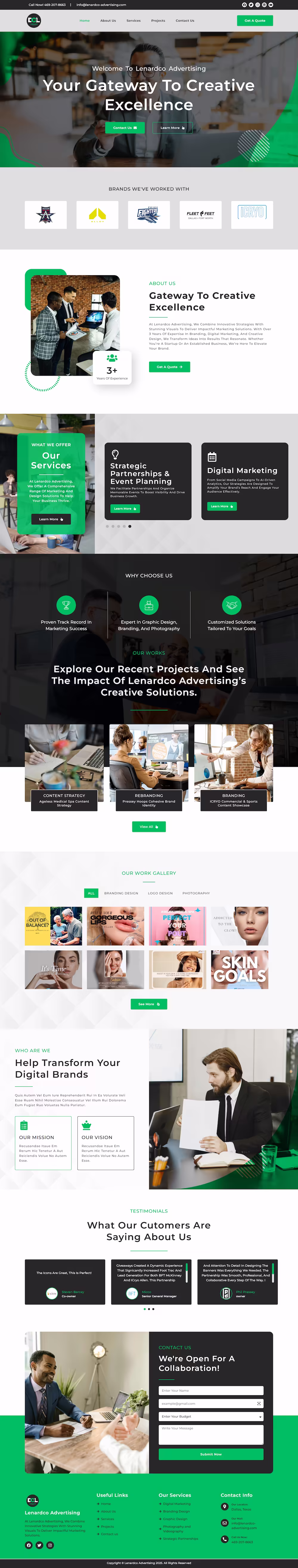 Lenardco Advertising hero with creative excellence headline and dual CTA