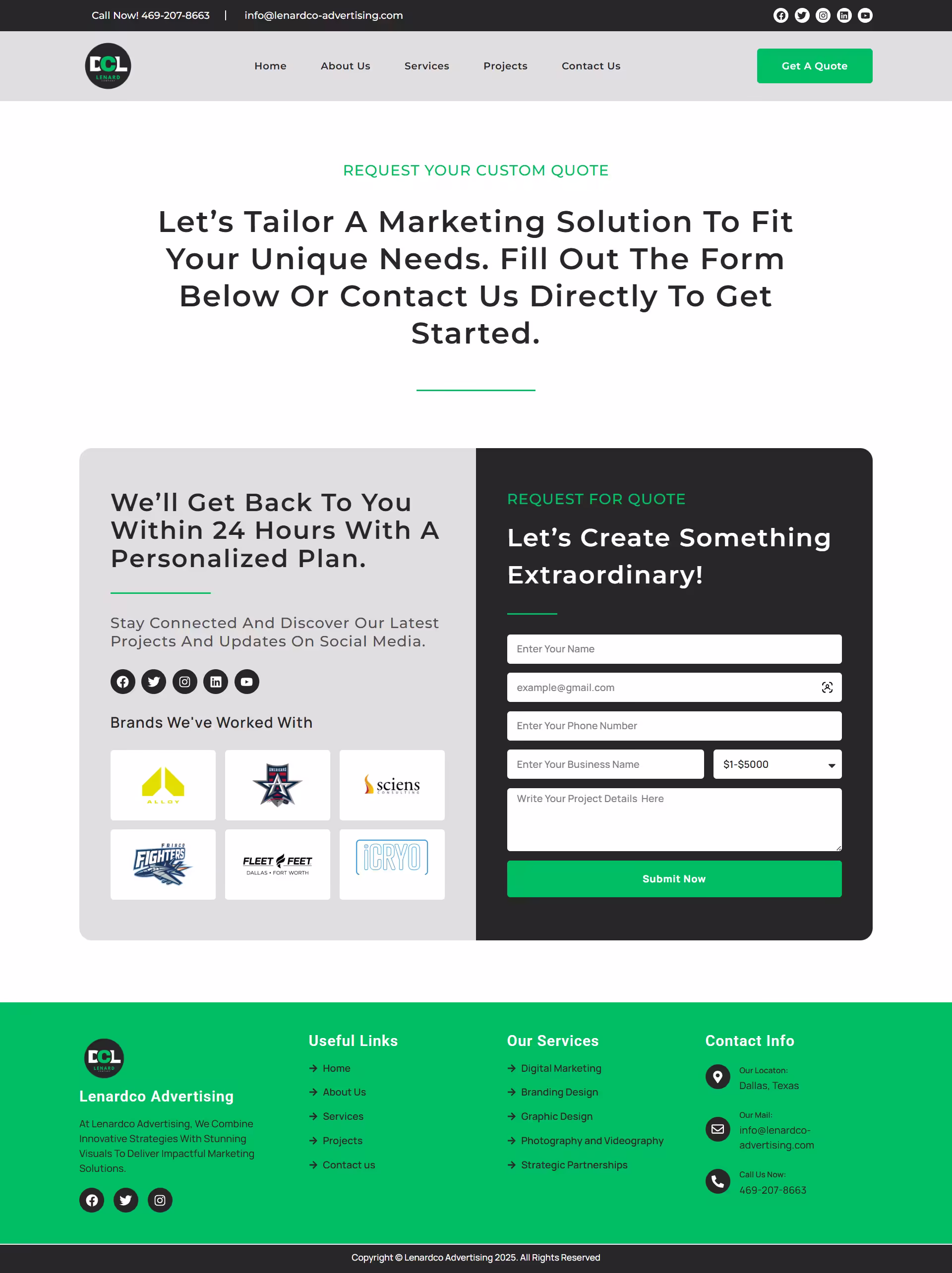 Lenardco Advertising projects page showing ICRYO rebranding case study pillars