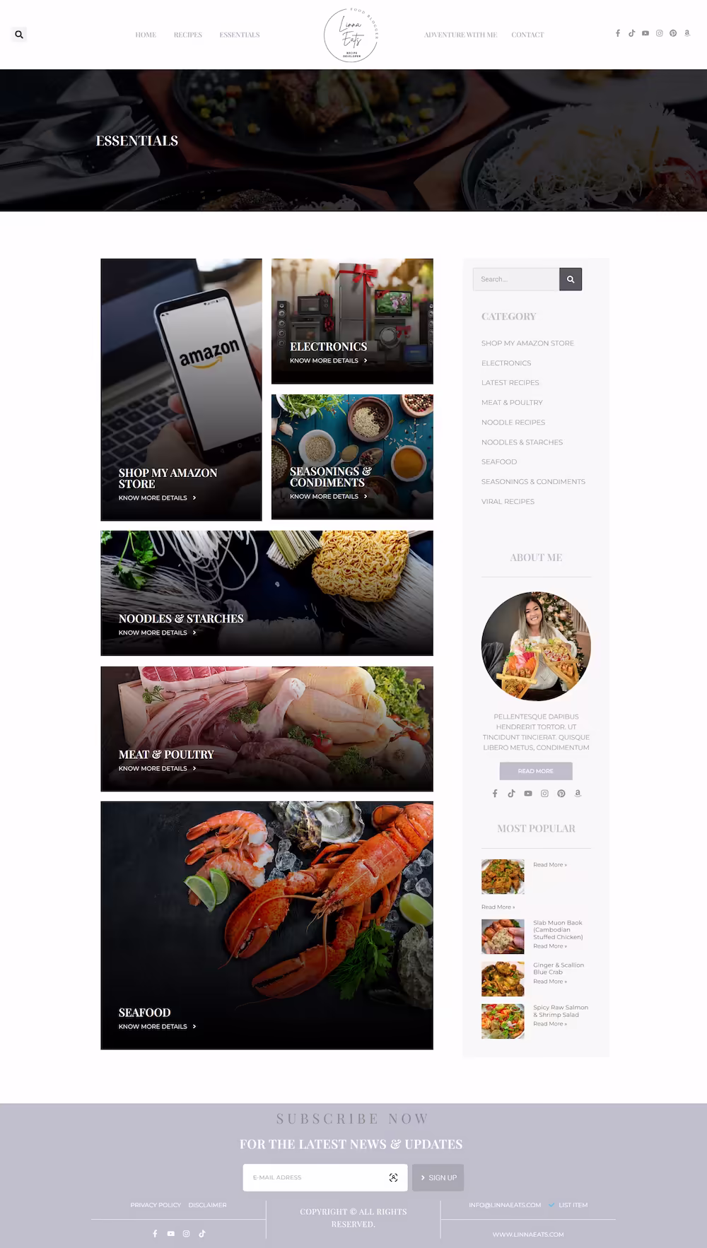 Linna Eats essentials page showing six Amazon product category shoppable grid