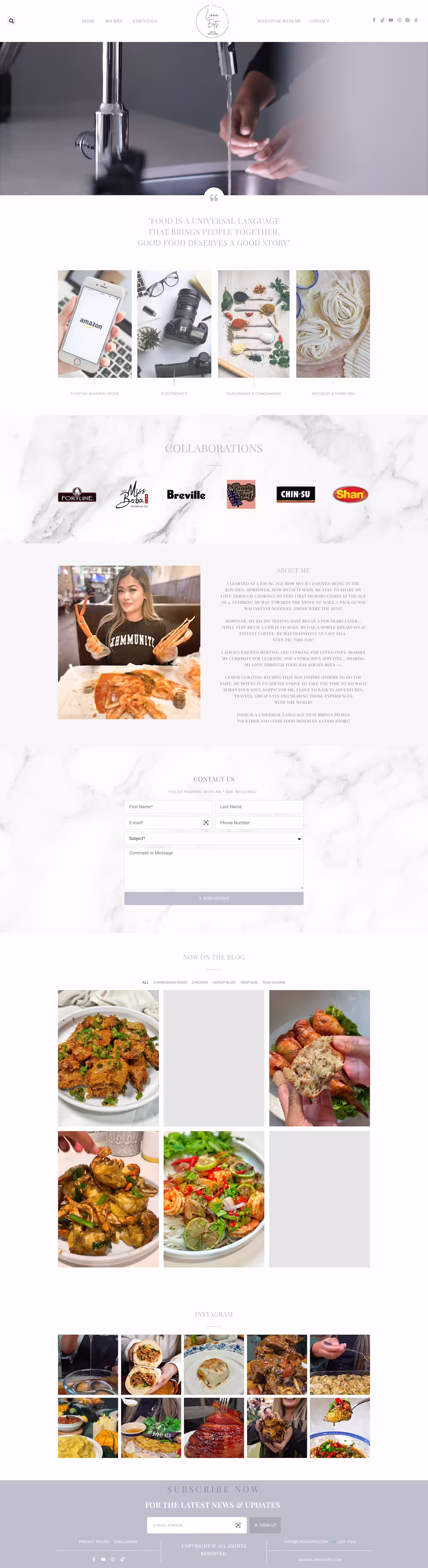 Linna Eats hero with food photography background and recipe developer tagline