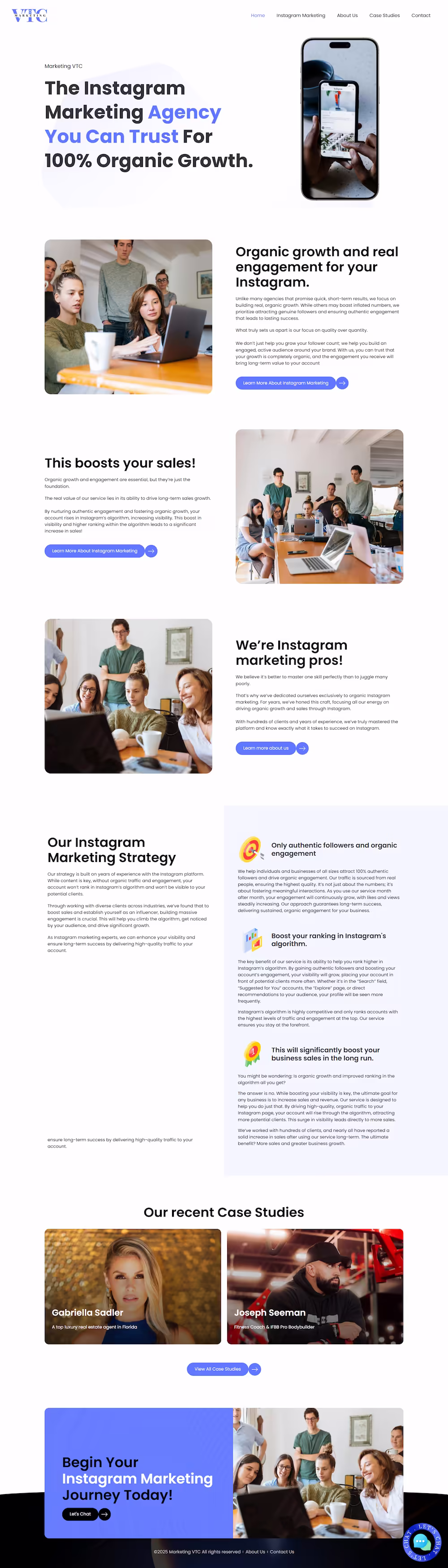 Marketing VTC homepage with organic Instagram growth agency positioning case study