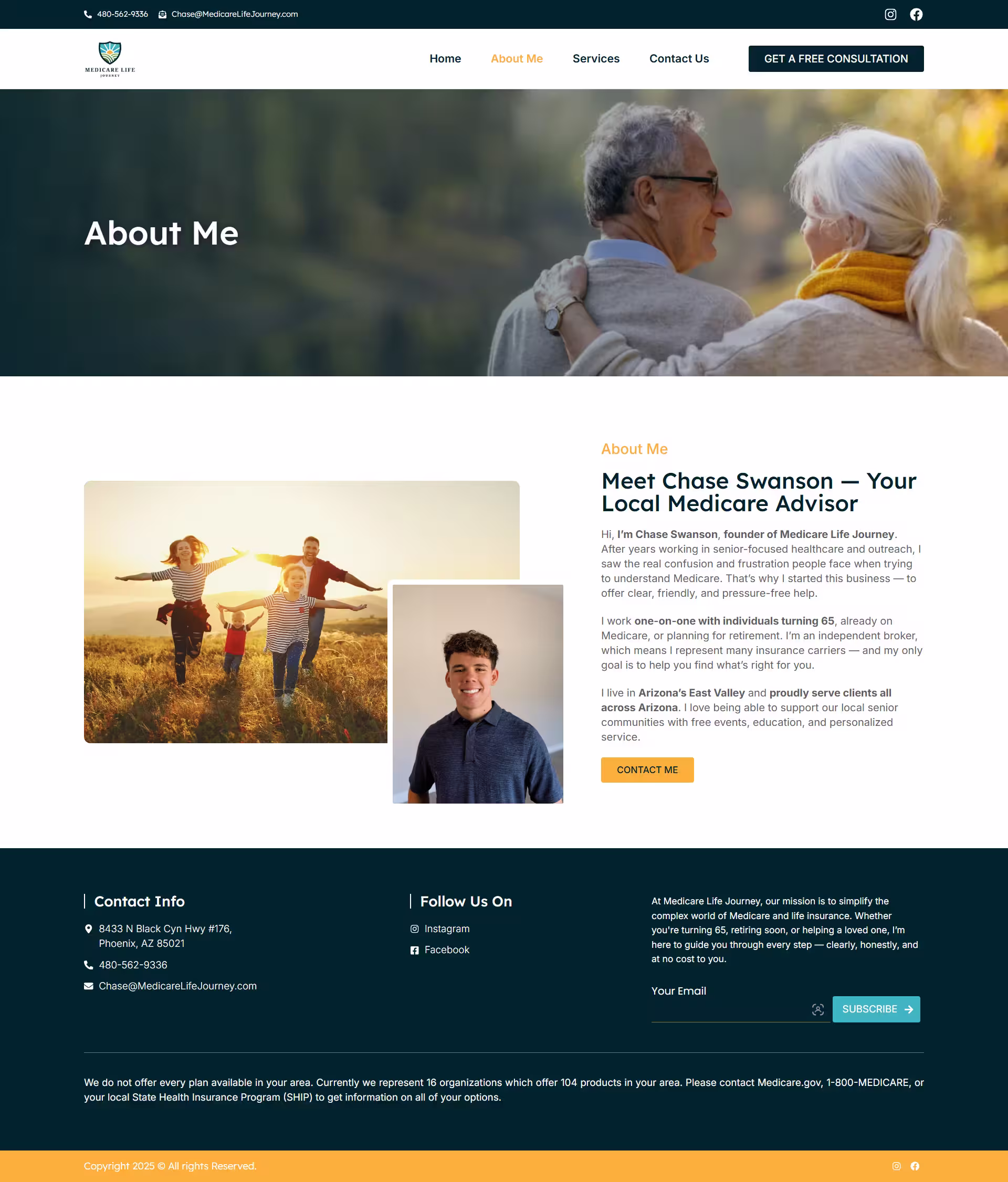 About section introducing Chase Swanson as independent Medicare and life insurance advisor — Medicare Life Journey