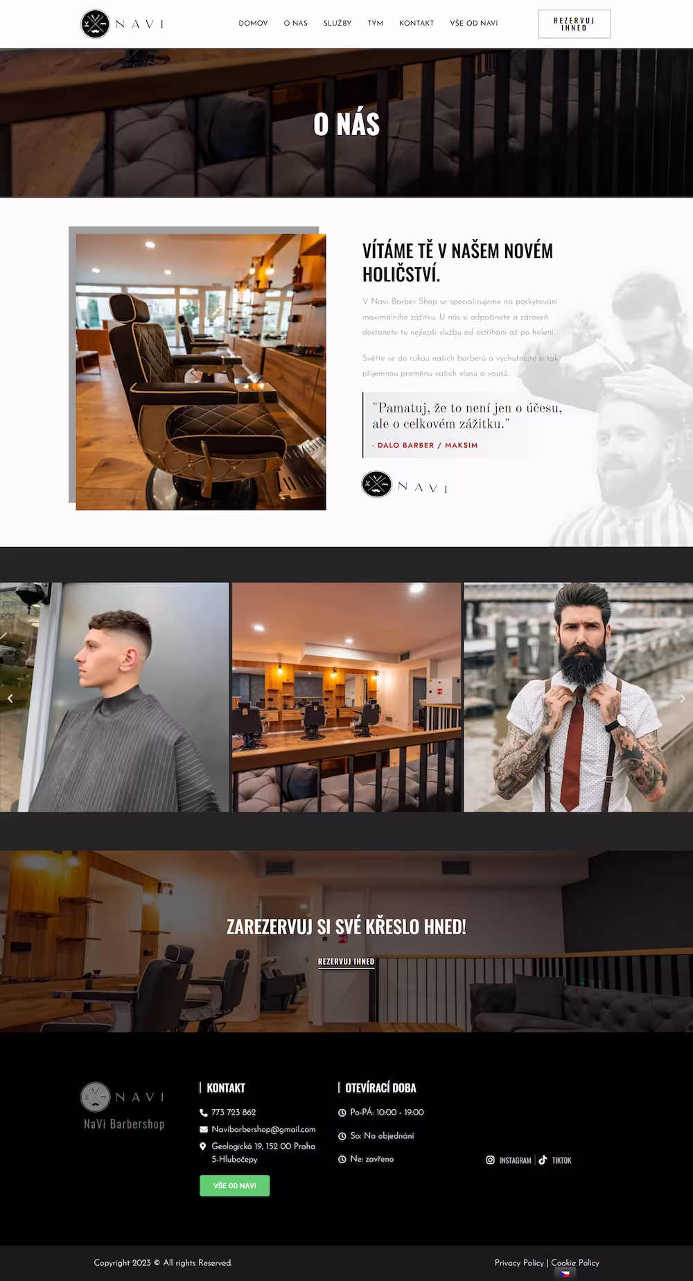 Services page on Navi Barbershop website showing haircut, hot towel shave, and Exclusive grooming packages