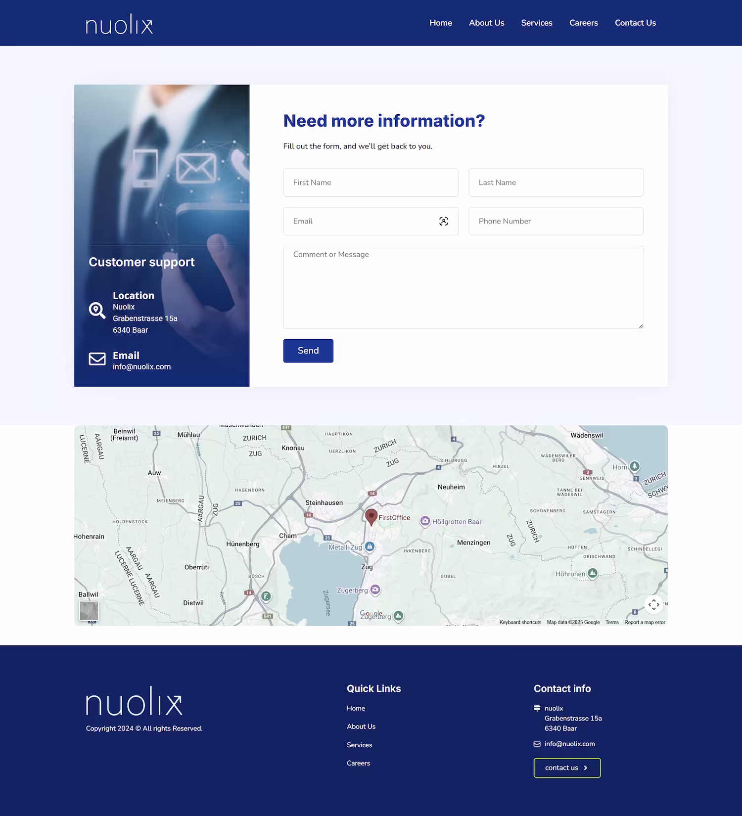 Nuolix Trusted Partner section with Avaloq, AI automation, and cloud services