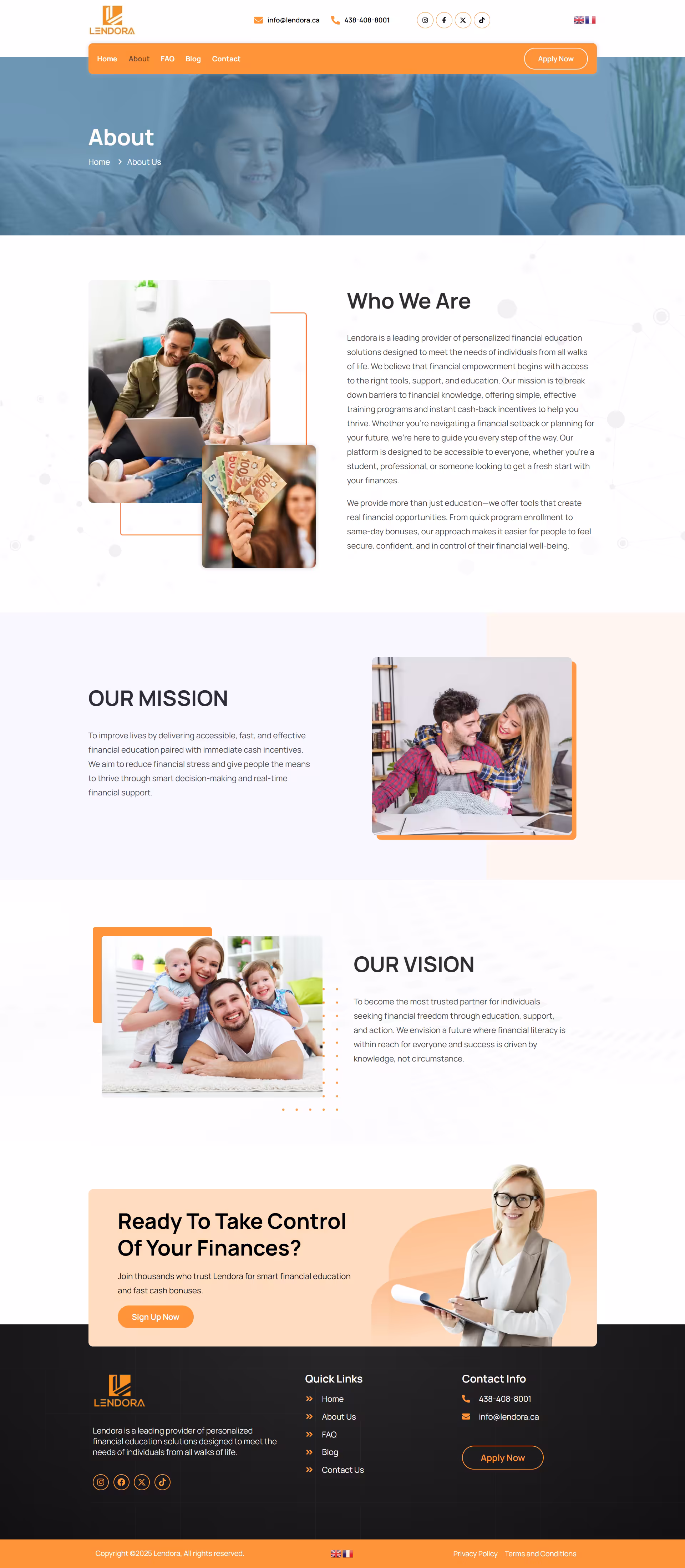 About section on Lendora WordPress website explaining financial education mission and cashback programme
