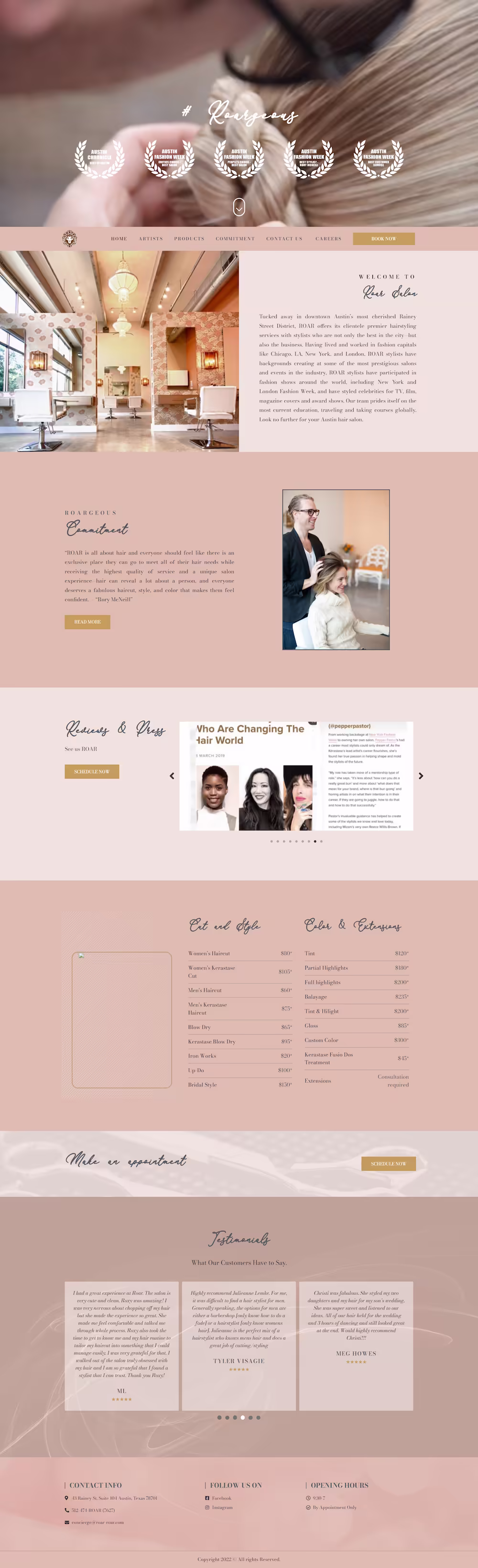 ROAR Salon homepage with Downtown Austin Rainey Street case study