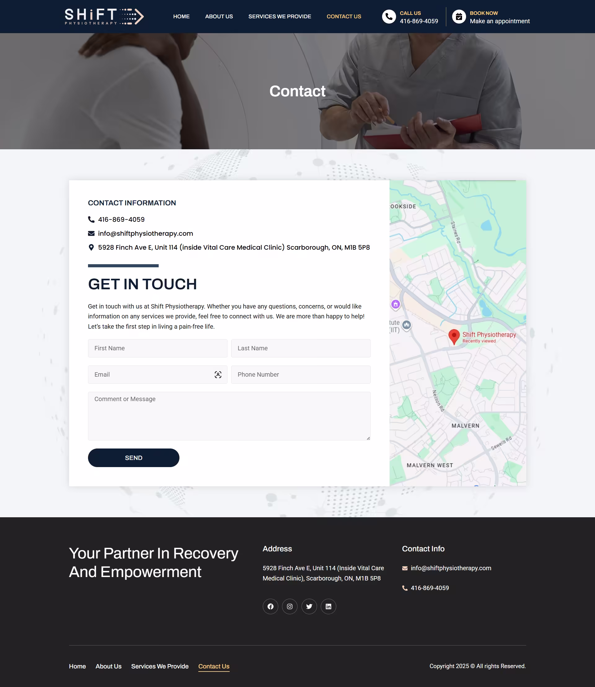 Appointment booking prompt on Shift Physiotherapy WordPress site project