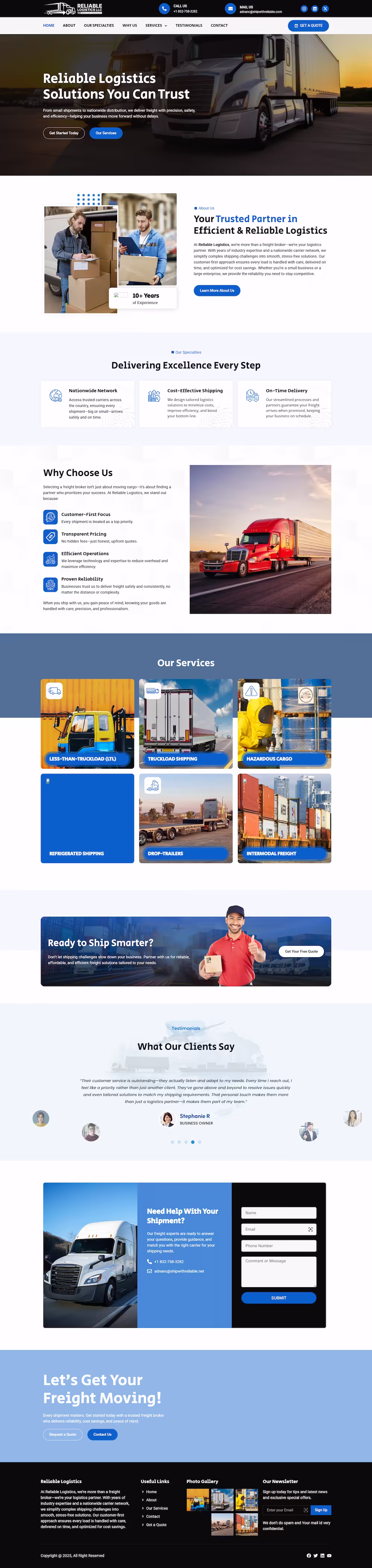 Reliable Logistics homepage hero with nationwide freight brokerage headline — Elite IT Solutions