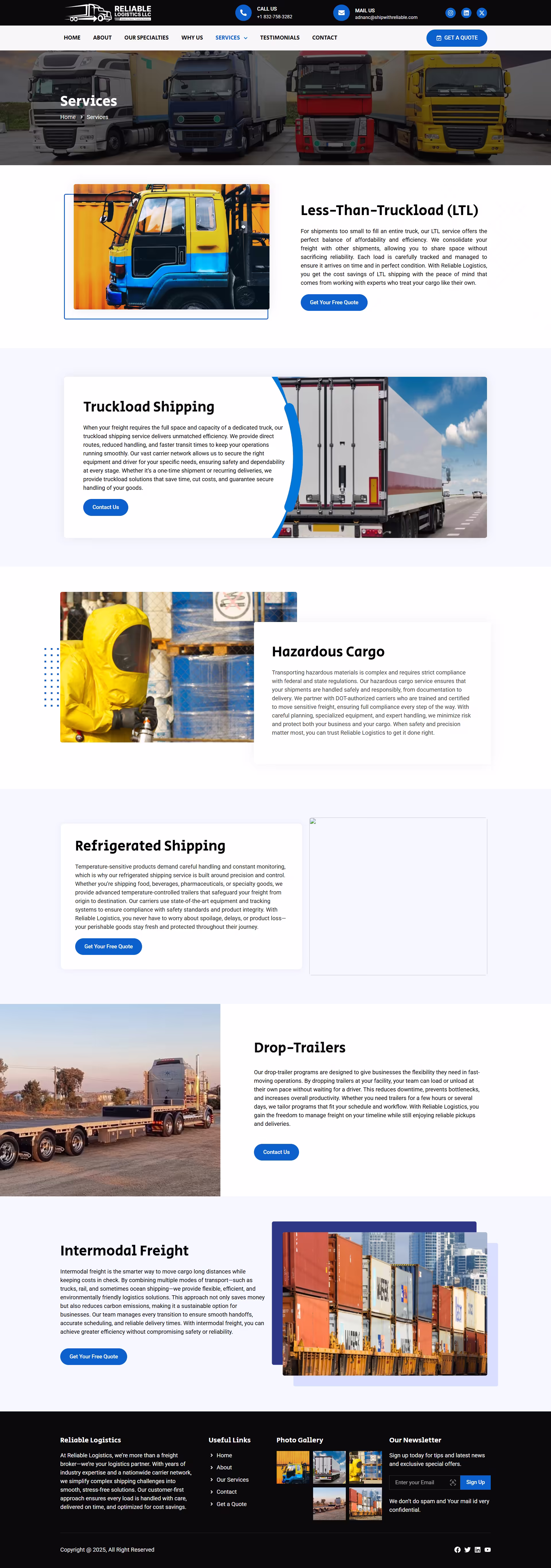 Reliable Logistics services grid covering LTL, truckload, hazmat, and refrigerated freight