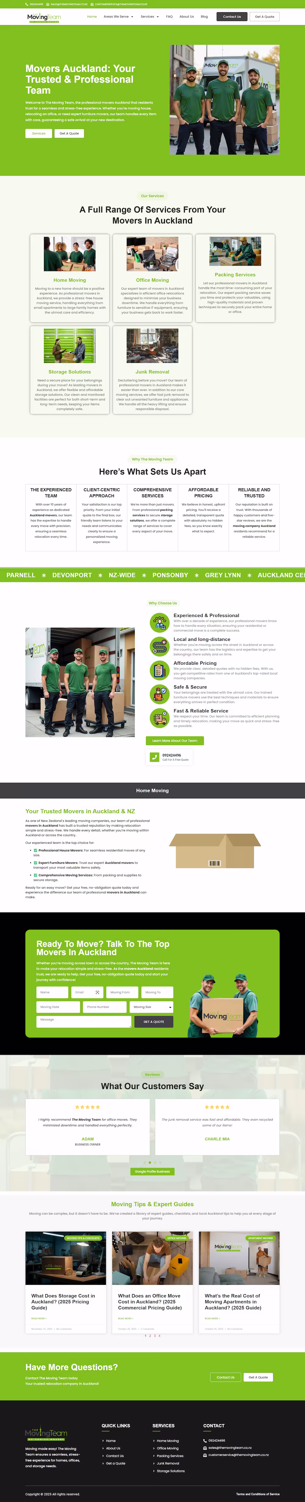 The Moving Team homepage hero with Auckland professional movers positioning and free quote CTA