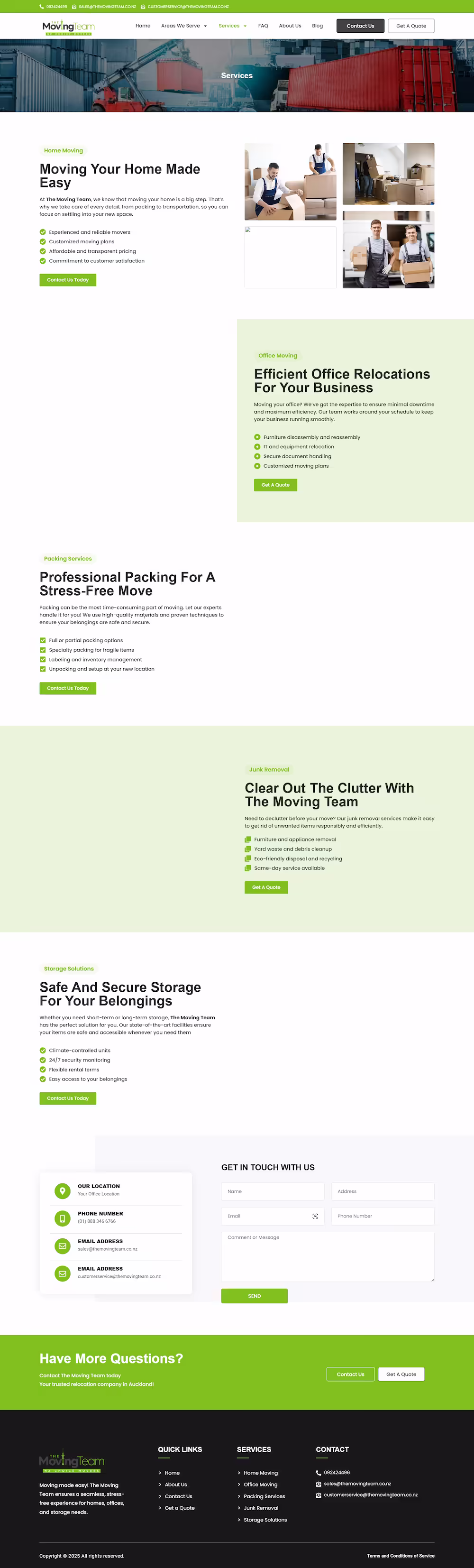 The Moving Team blog page with moving cost guides, rental bond cleaning checklists, and West Auckland suburb guides