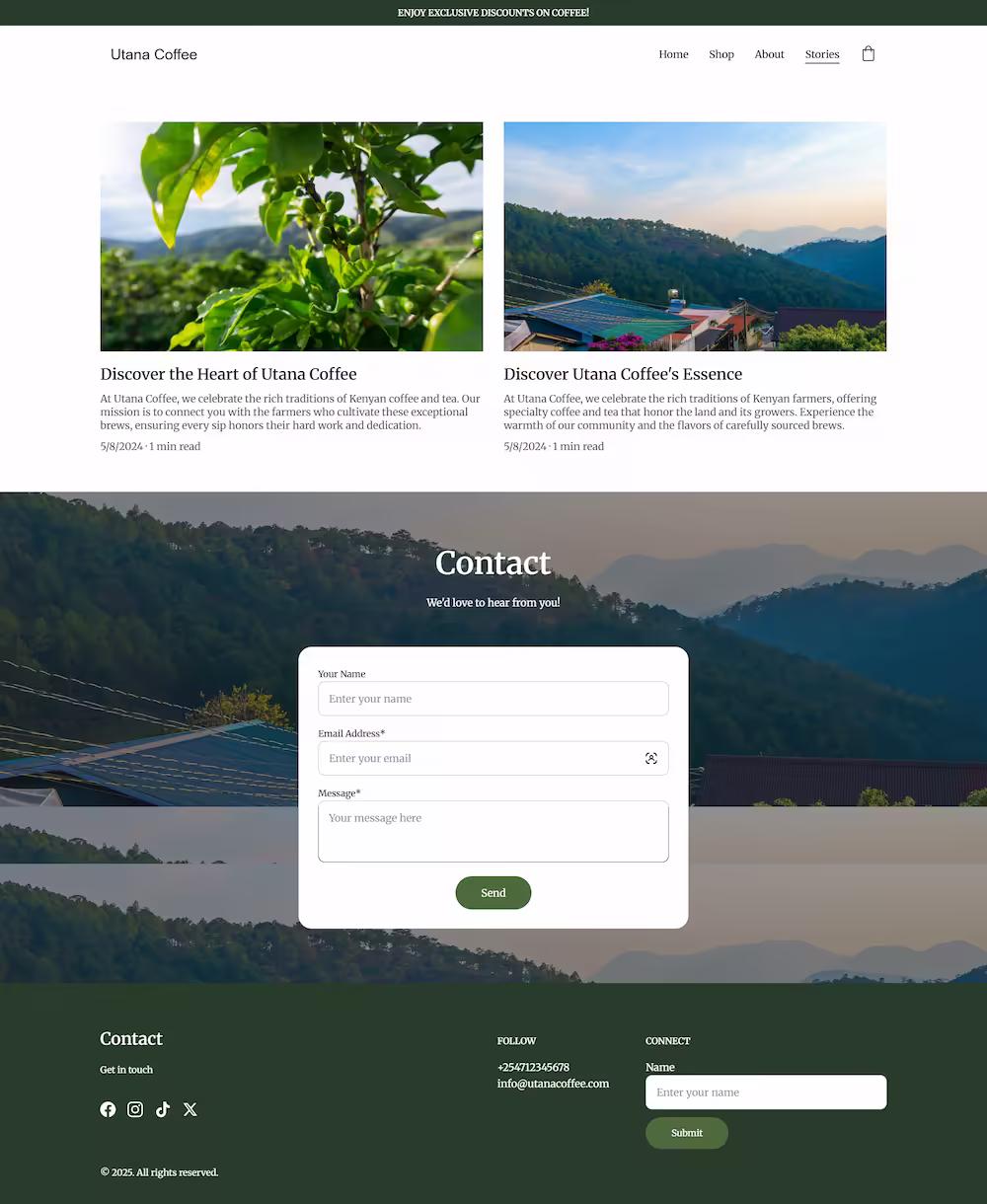 Utana Coffee Stories section with editorial content on sourcing and brewing — Elite IT